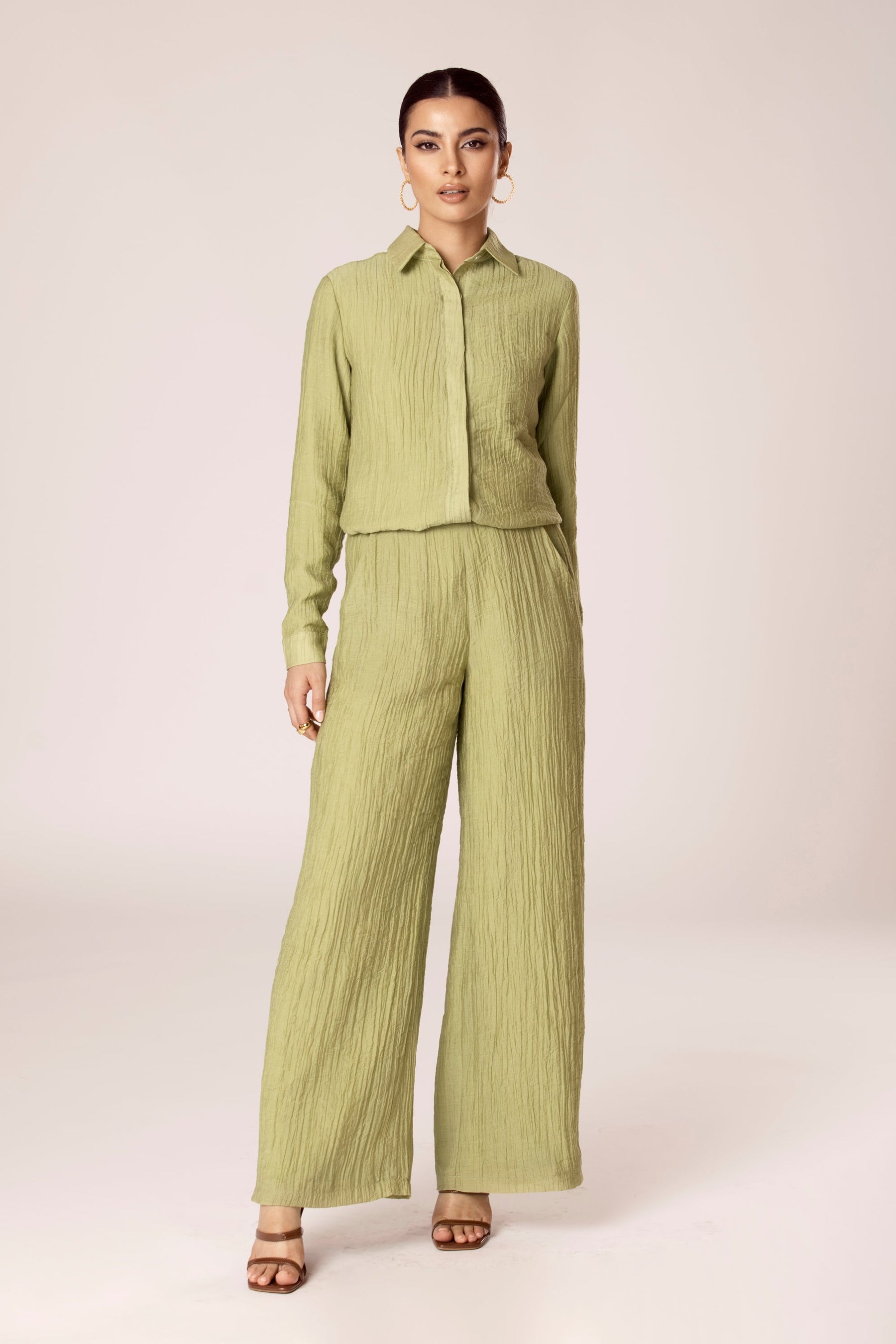 Hanan Textured Wide Leg Pants - Cypress Green Veiled Collection 