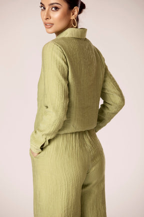Hanan Textured Wide Leg Pants - Cypress Green Veiled Collection 