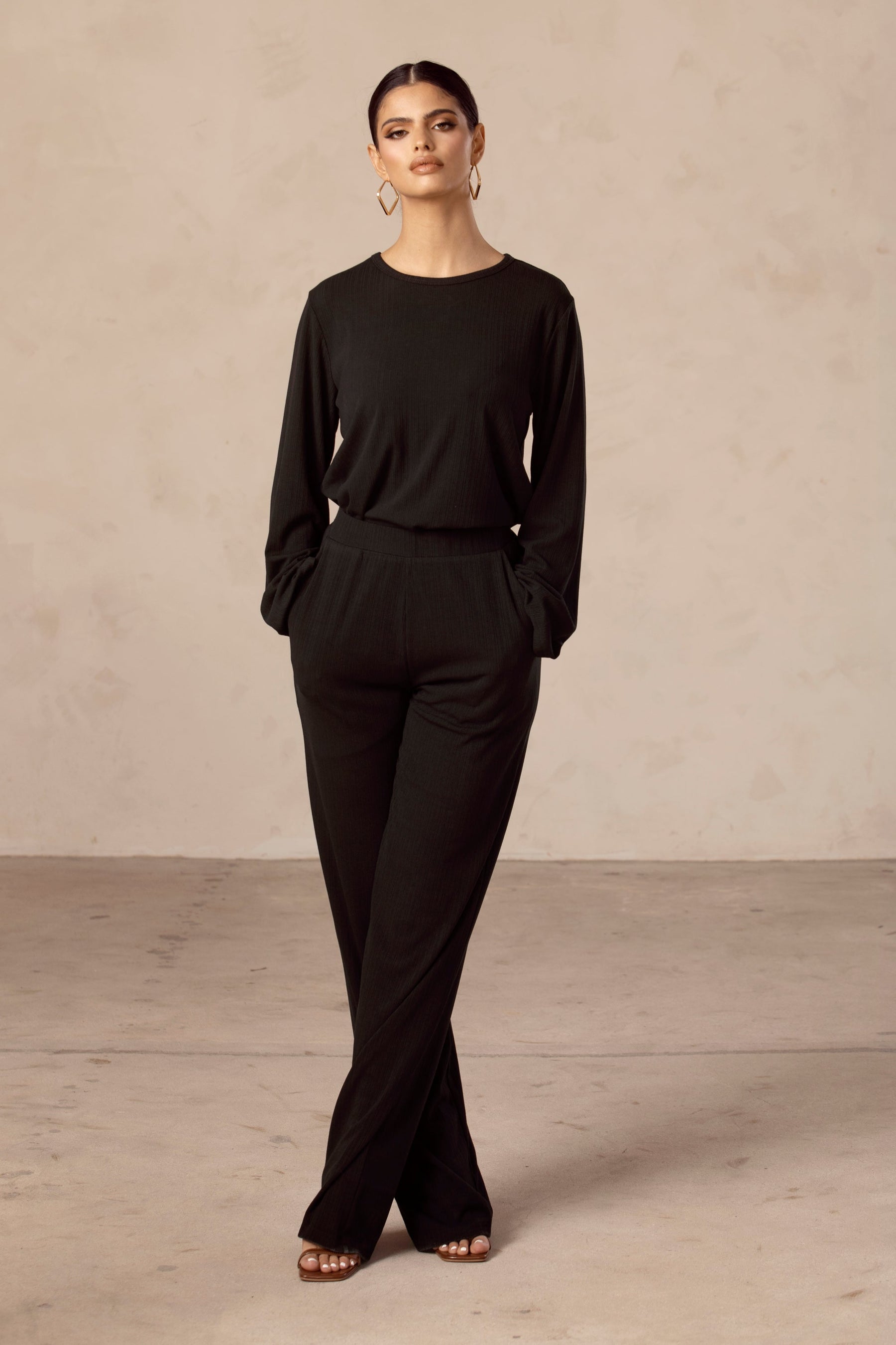 Hannah Ribbed Tunic & Pants Matching Set - Black Veiled Collection 