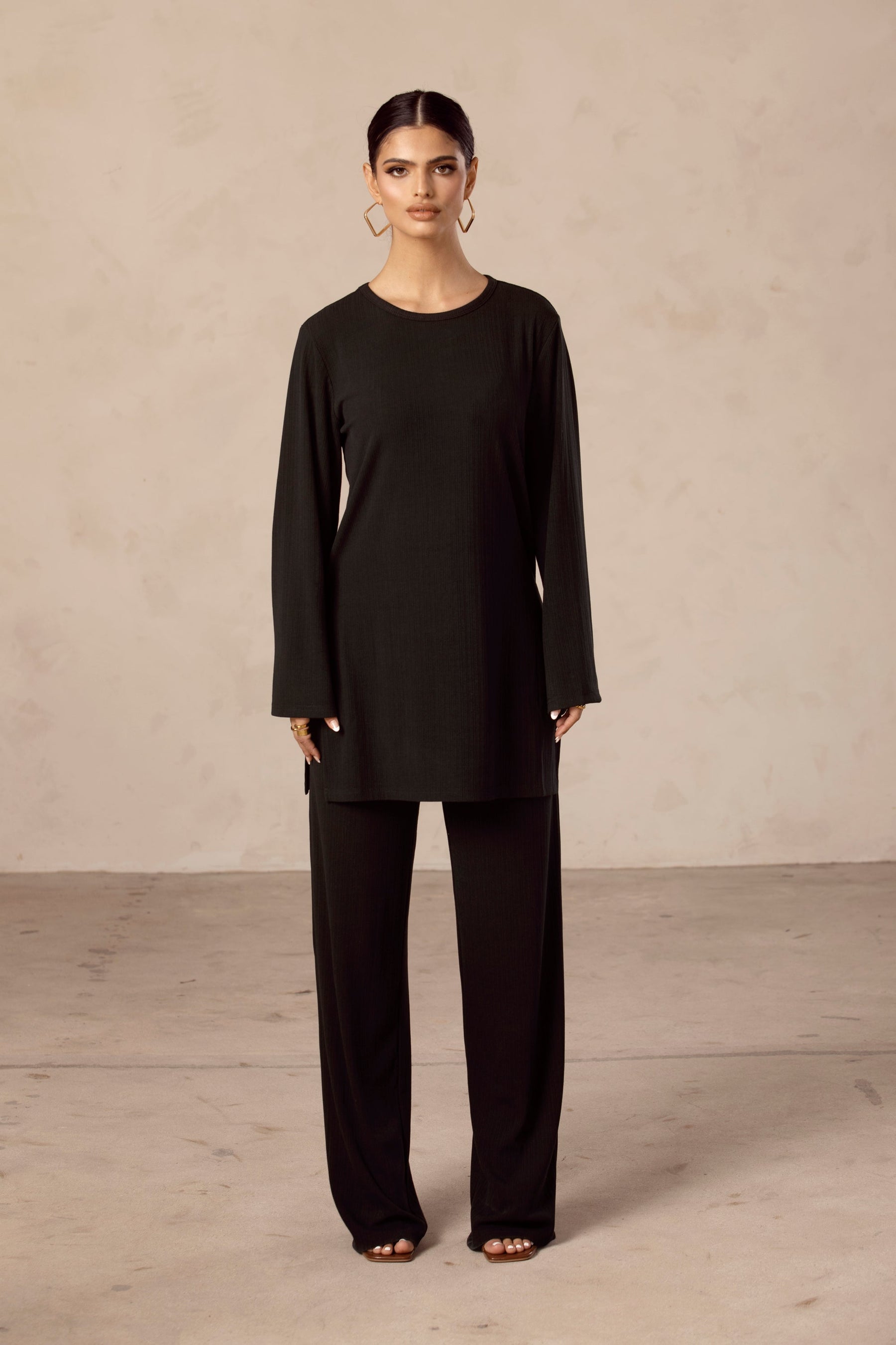Hannah Ribbed Tunic & Pants Matching Set - Black Veiled Collection 