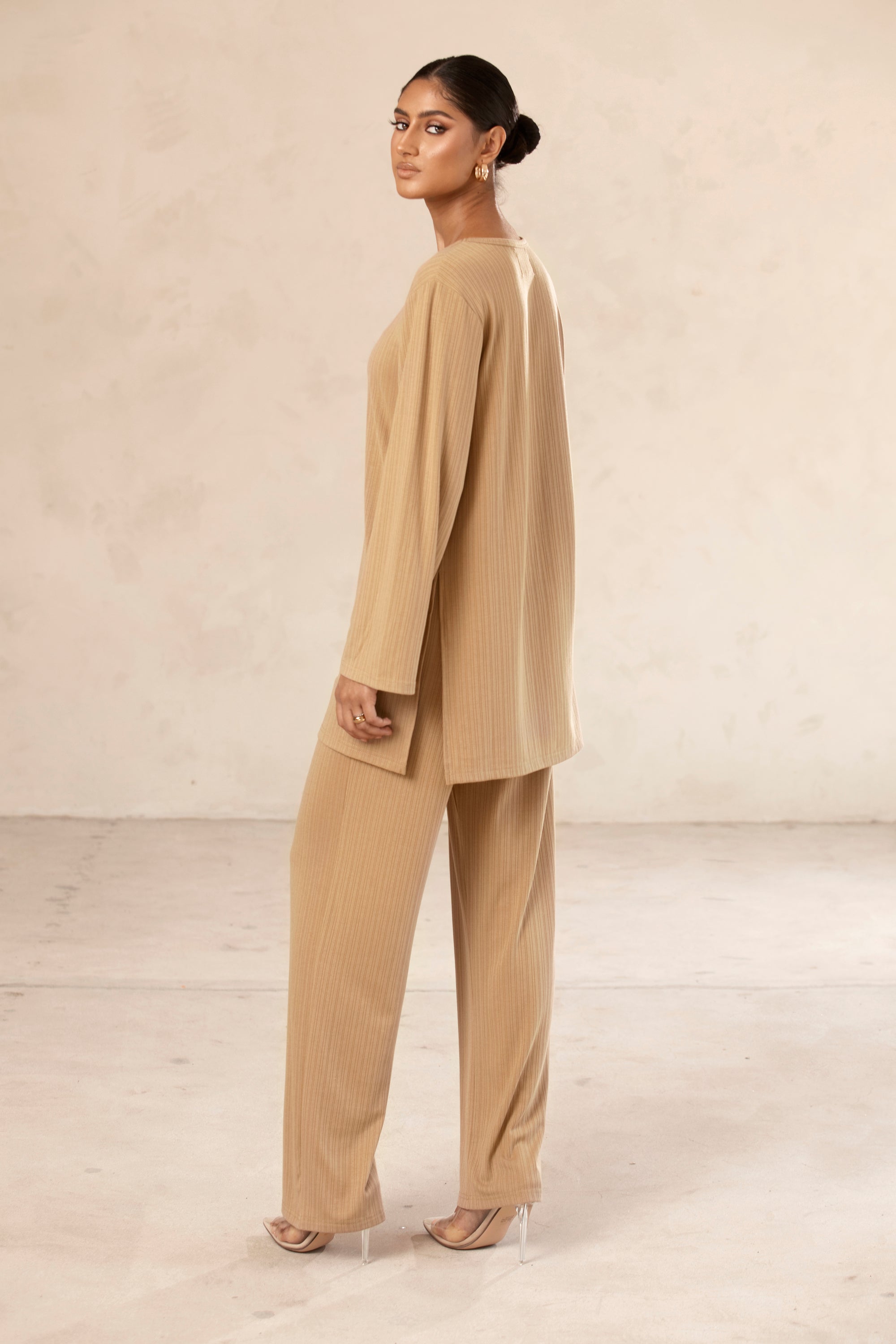 Hannah Ribbed Tunic & Pants Matching Set - Camel Veiled Collection 
