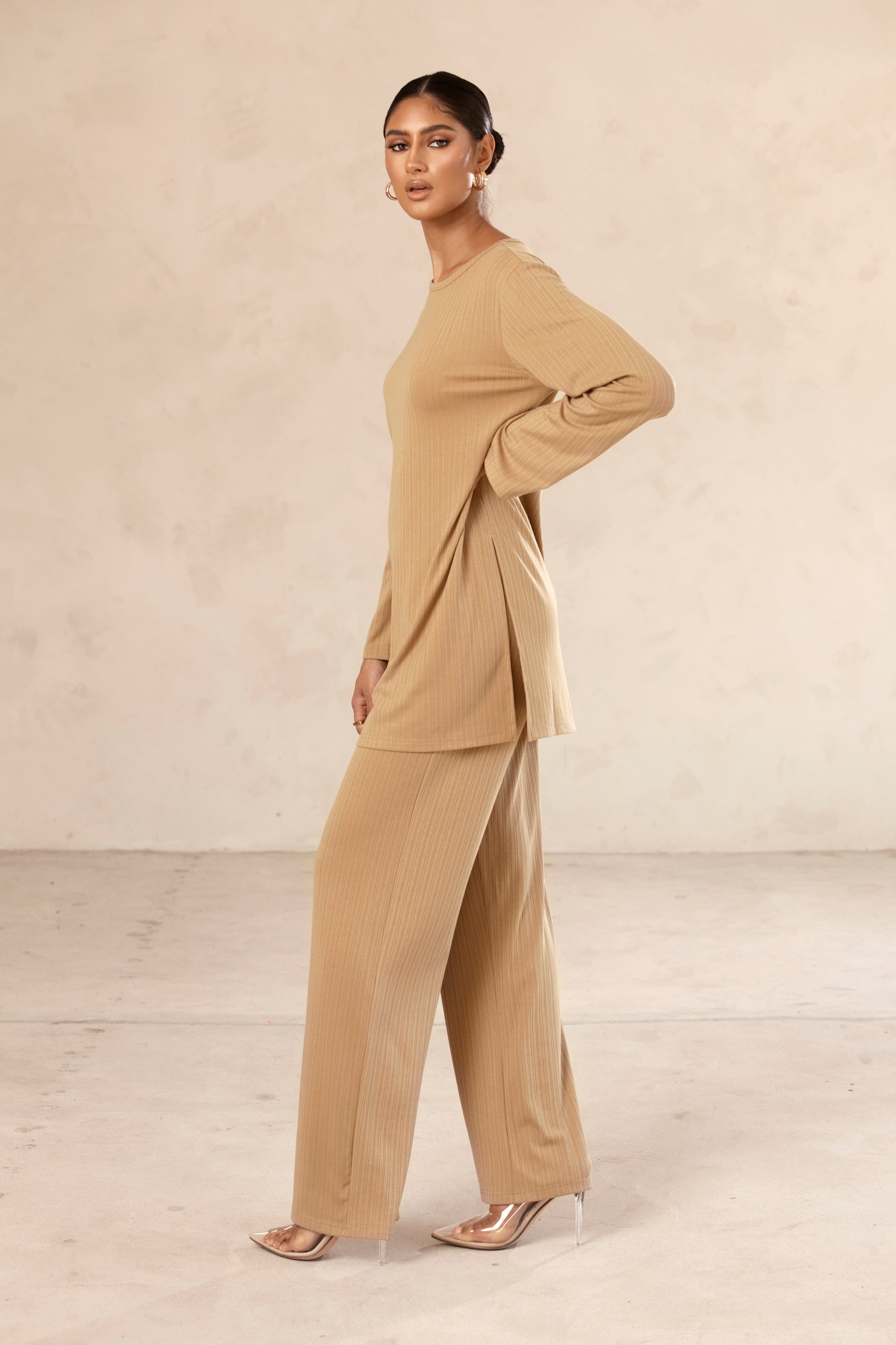 Hannah Ribbed Tunic & Pants Matching Set - Camel Veiled Collection 