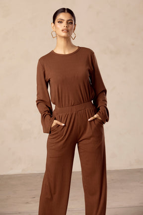 Hannah Ribbed Tunic & Pants Matching Set - Chocolate Brown Veiled Collection 