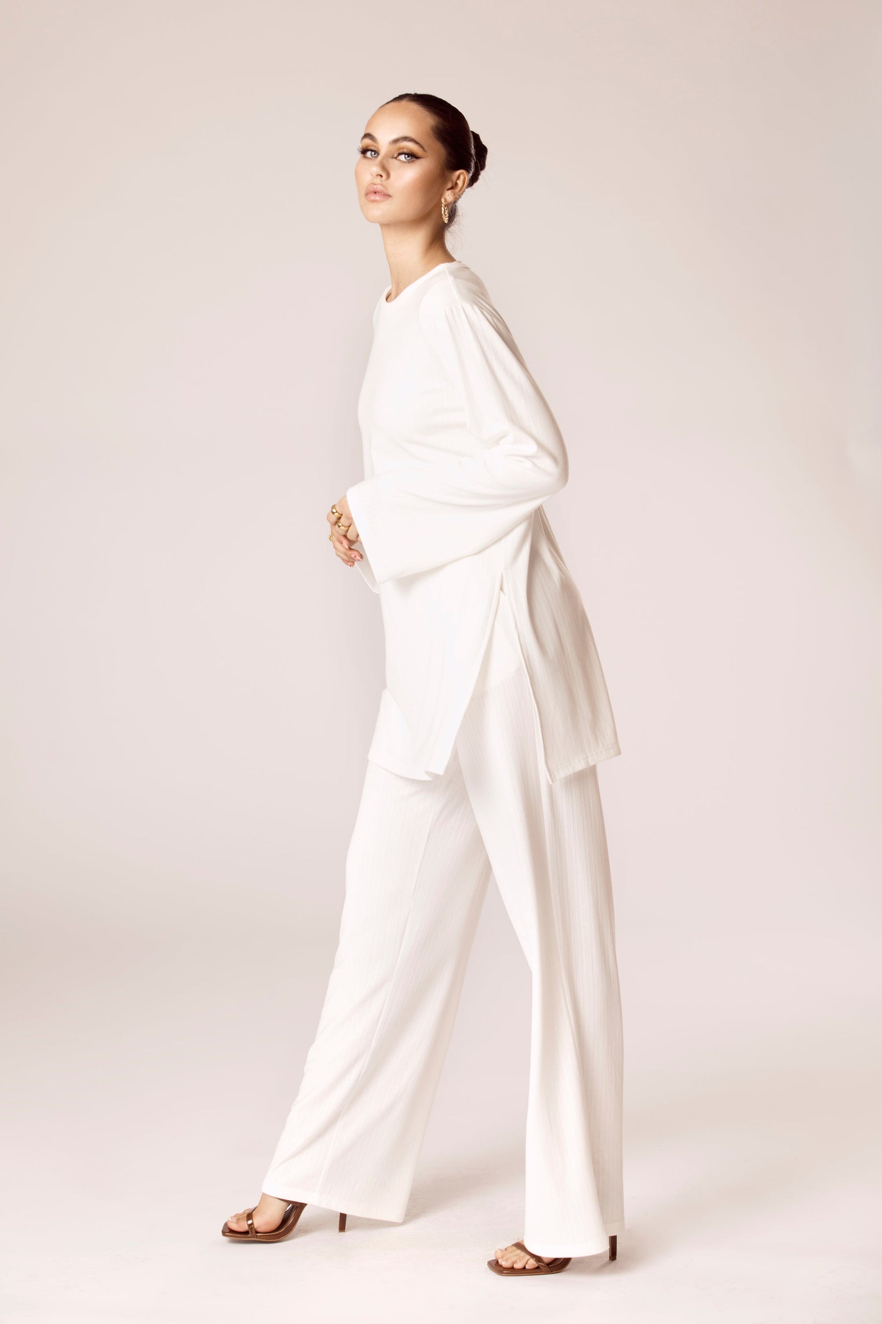Hannah Ribbed Tunic & Pants Matching Set - White Veiled Collection 