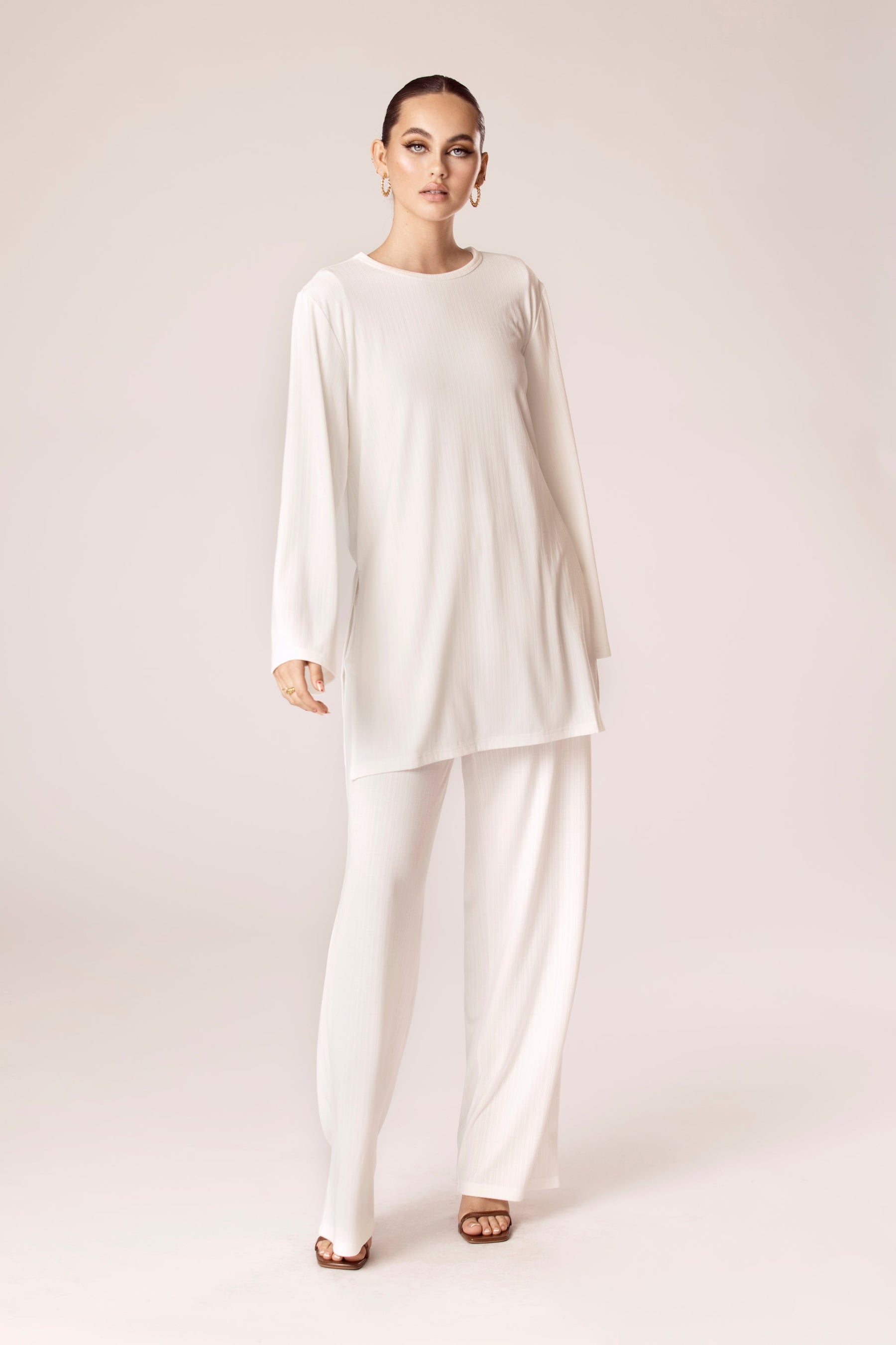 Hannah Ribbed Tunic & Pants Matching Set - White Veiled Collection 