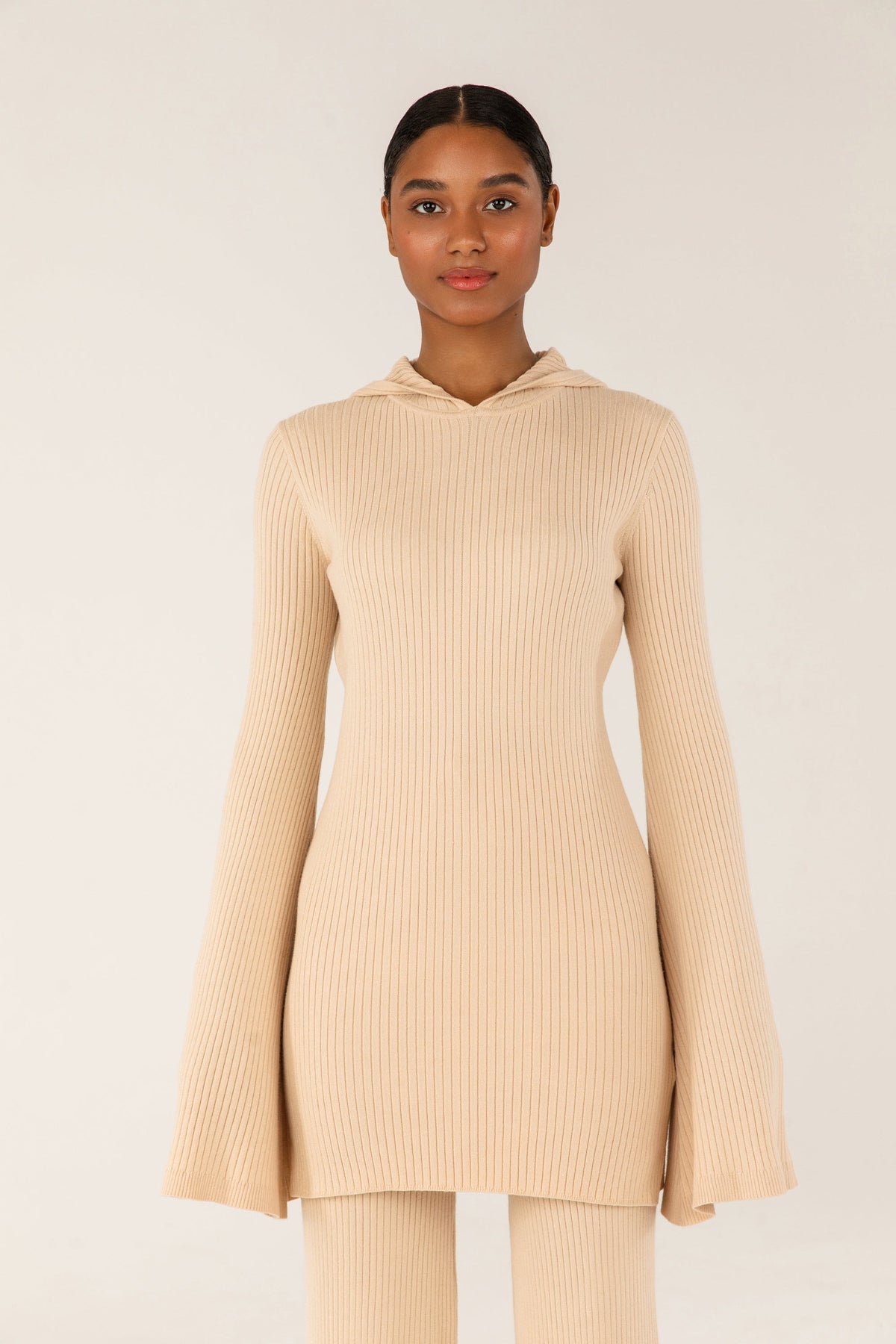 Hooded Knit Bell Sleeve Top - Macaron Veiled 