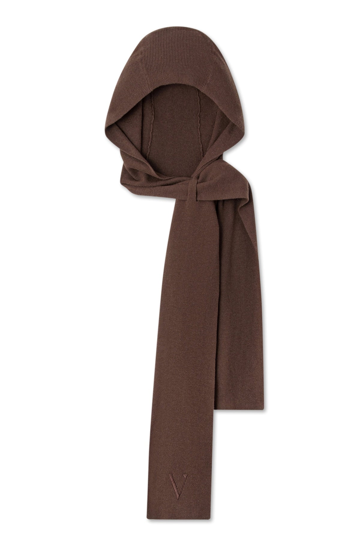 Hooded Ribbed Knit Scarf - Java Brown Veiled 