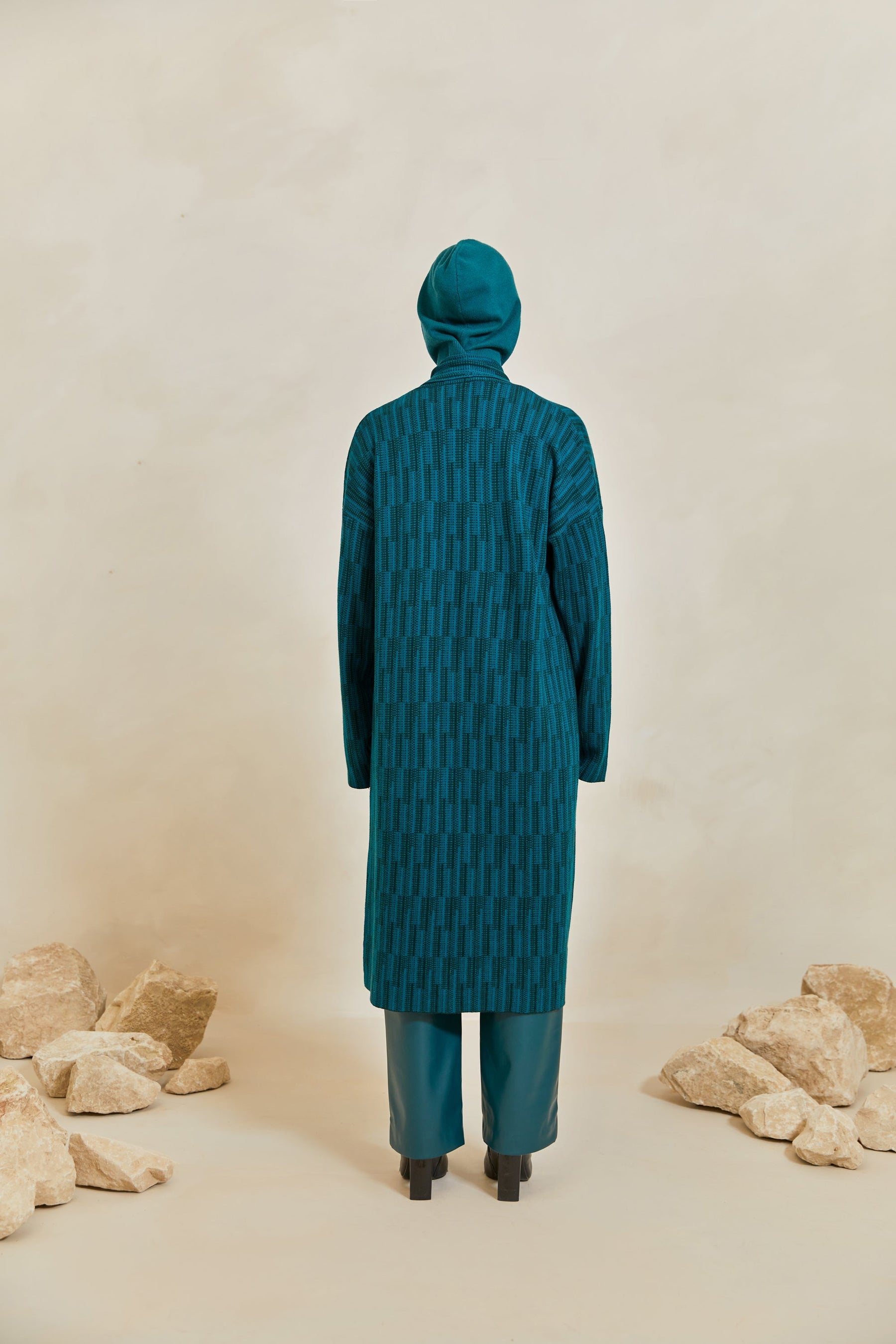 Jacquard Merino Wool Knit Cardigan - Deep Teal Veiled 