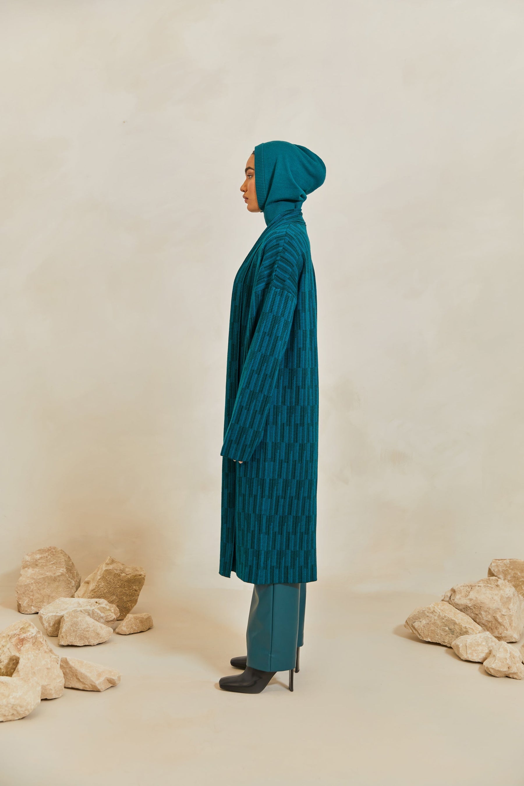 Jacquard Merino Wool Knit Cardigan - Deep Teal Veiled 