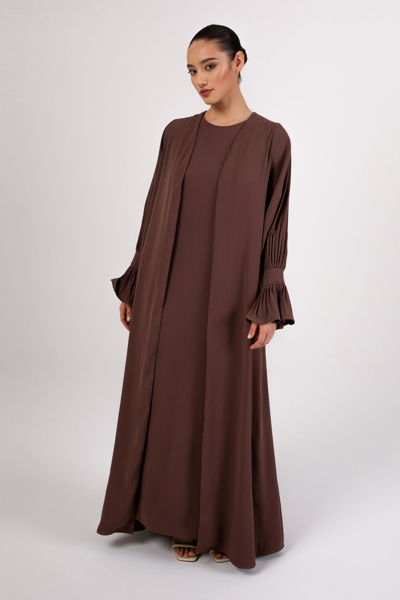 Jamila Cinched Sleeve Open Abaya Cocoa Brown