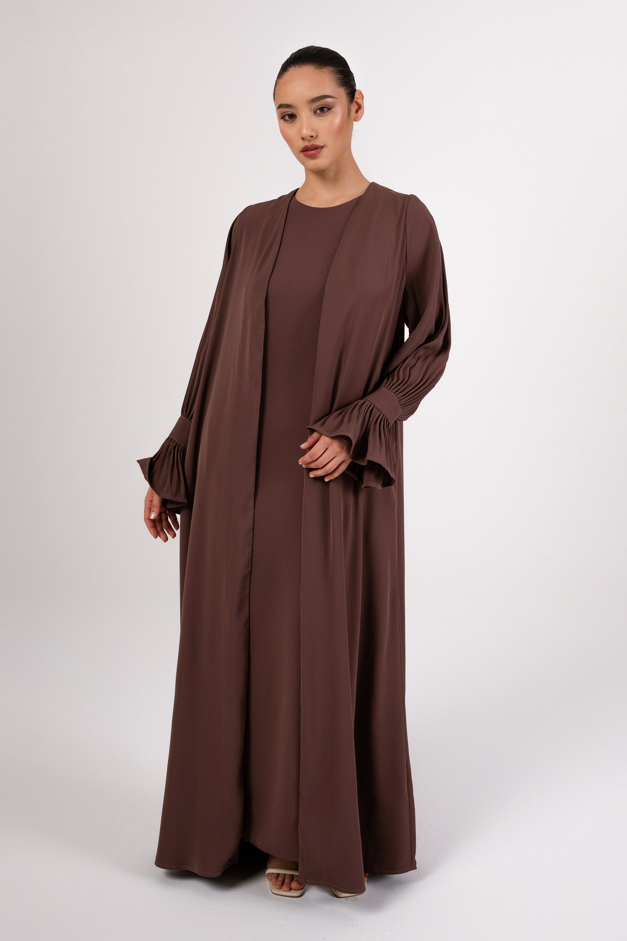 Jamila Cinched Sleeve Open Abaya - Cocoa Brown Veiled 