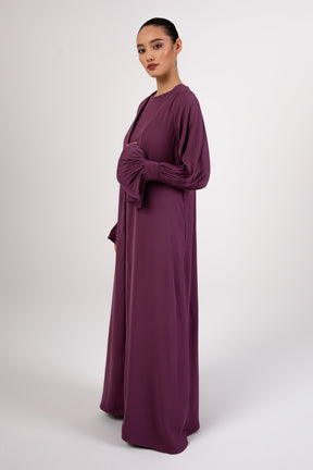 Jamila Cinched Sleeve Open Abaya - Dark Mauve Veiled 
