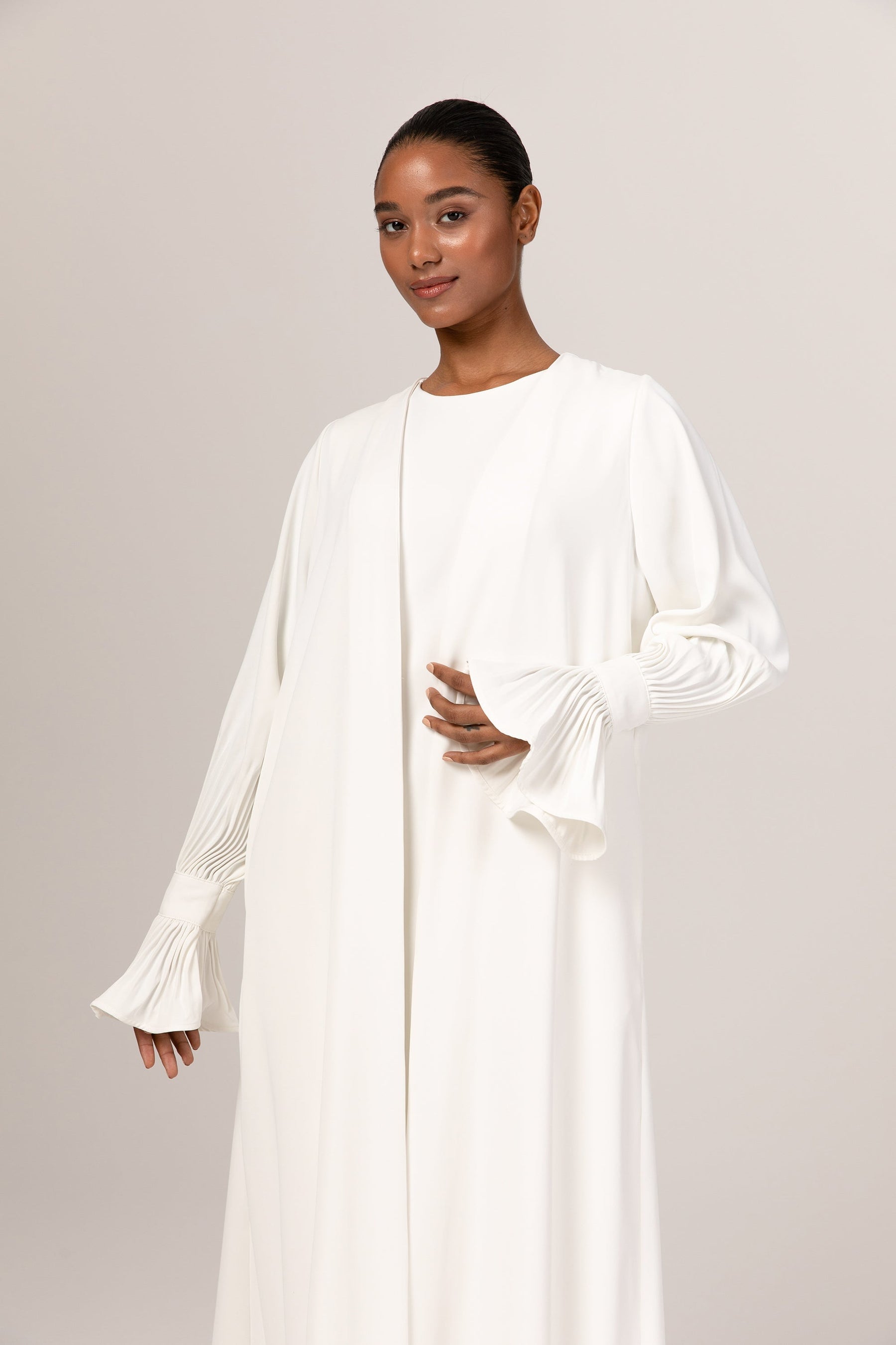 Jamila Cinched Sleeve Open Abaya - White Veiled Collection 