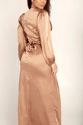 Julianna Satin Wrap Waist Maxi Dress - Caramel Veiled Collection 