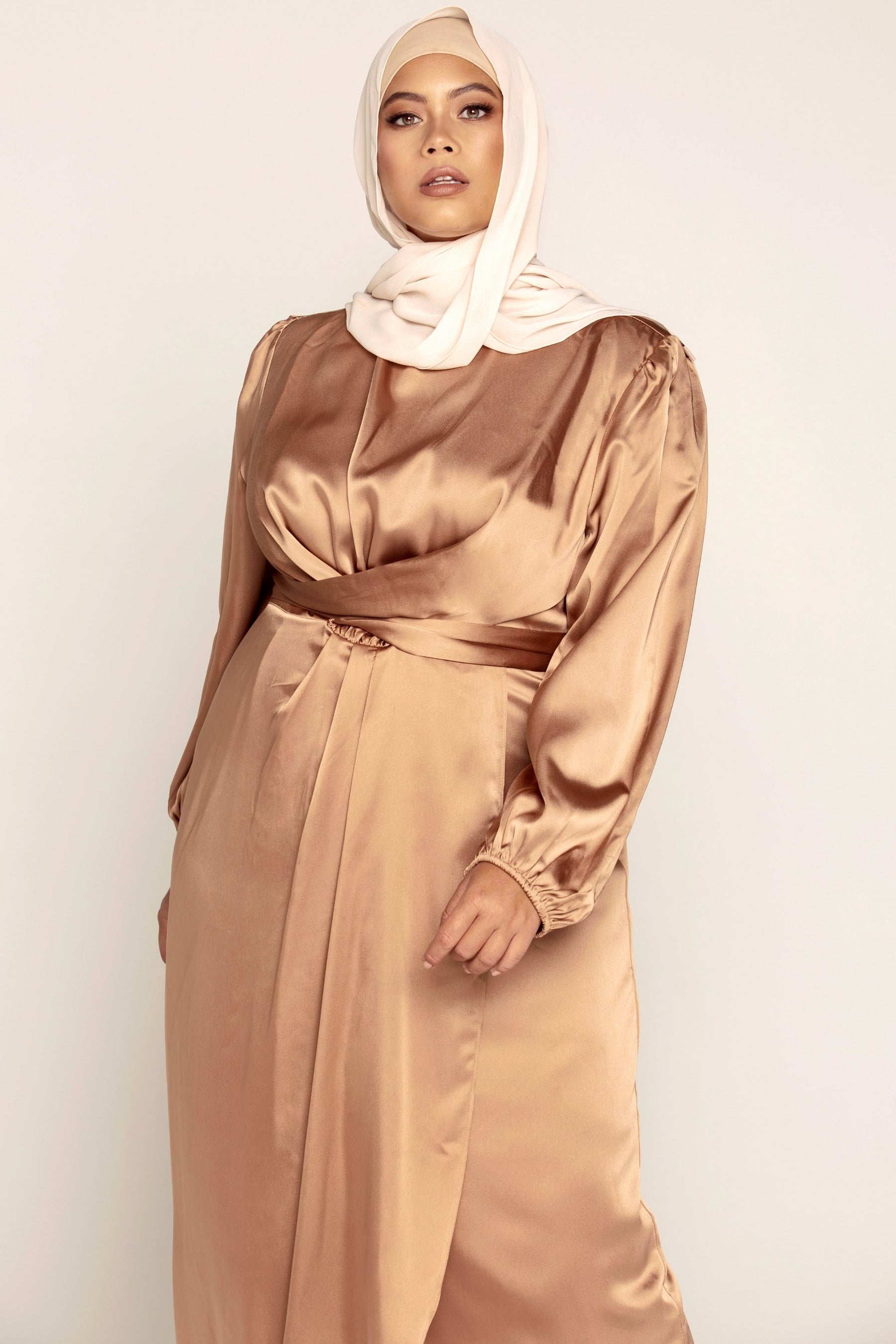 Julianna Satin Wrap Waist Maxi Dress - Caramel Veiled Collection 