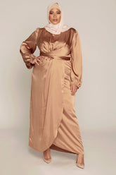 Julianna Satin Wrap Waist Maxi Dress - Caramel Veiled Collection XL Regular 