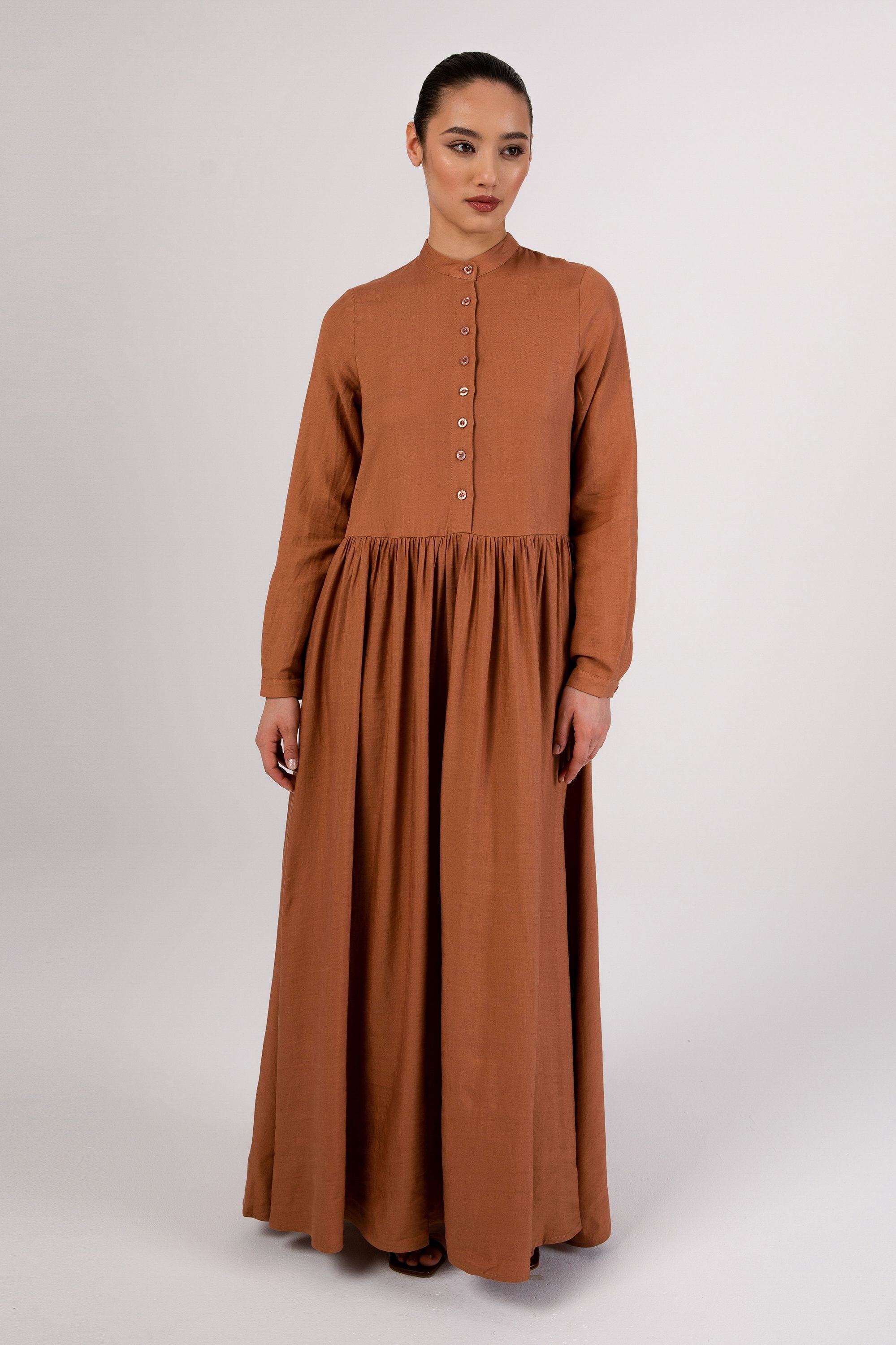 Karima Flowy Linen Maxi Shirt Dress - Rosewood Veiled Collection 