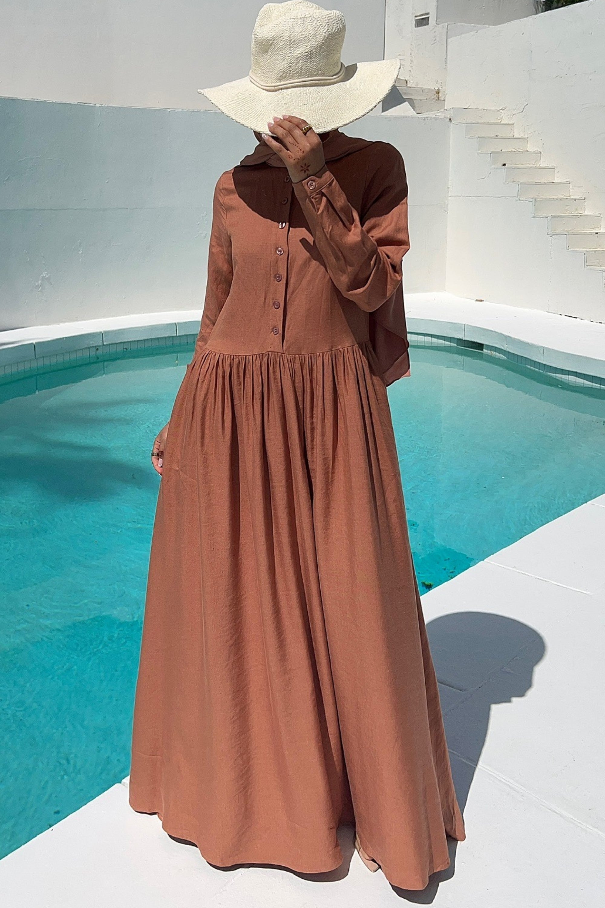 Karima Flowy Linen Maxi Shirt Dress - Rosewood Clothing Veiled Collection 
