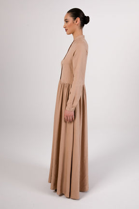 Karima Flowy Linen Maxi Shirt Dress - Taupe Veiled Collection 