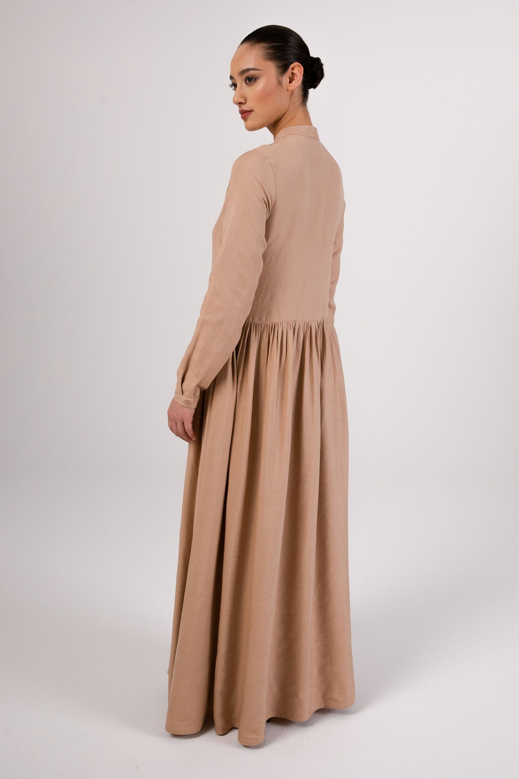 Karima Flowy Linen Maxi Shirt Dress - Taupe Veiled Collection 