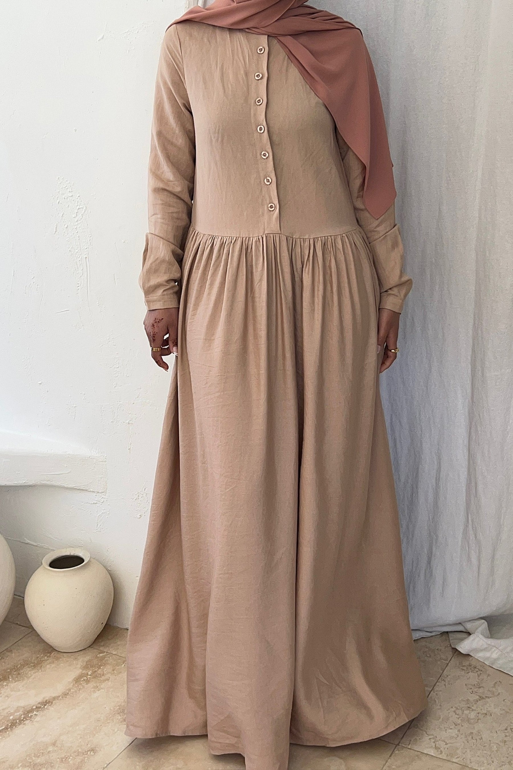 Karima Flowy Linen Maxi Shirt Dress - Taupe Clothing Veiled Collection 