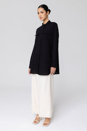 Lamia Cotton Linen Button Down Top - Black Veiled Collection 