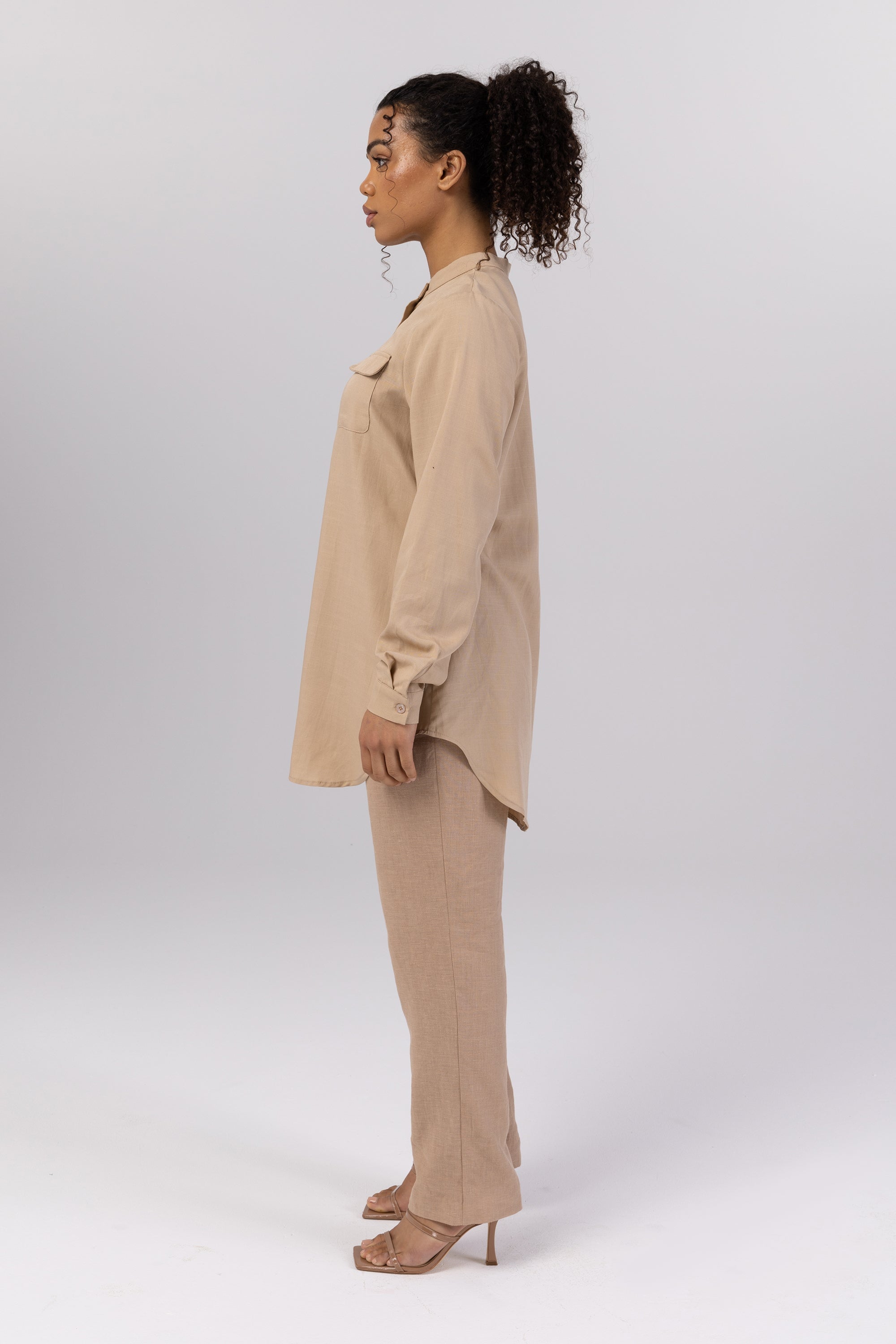 Lamia Cotton Linen Button Down Top - Latte