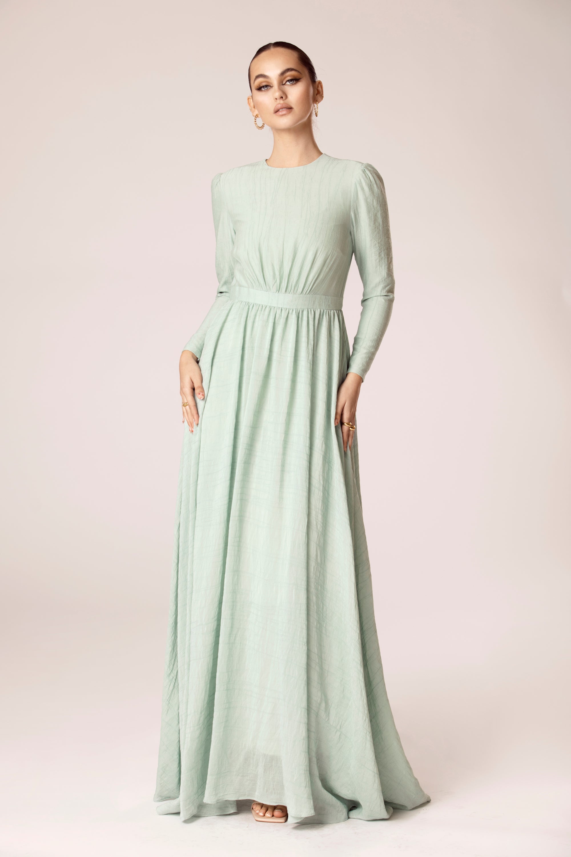 Lana Textured A Line Maxi Dress - Light Green Veiled Collection 