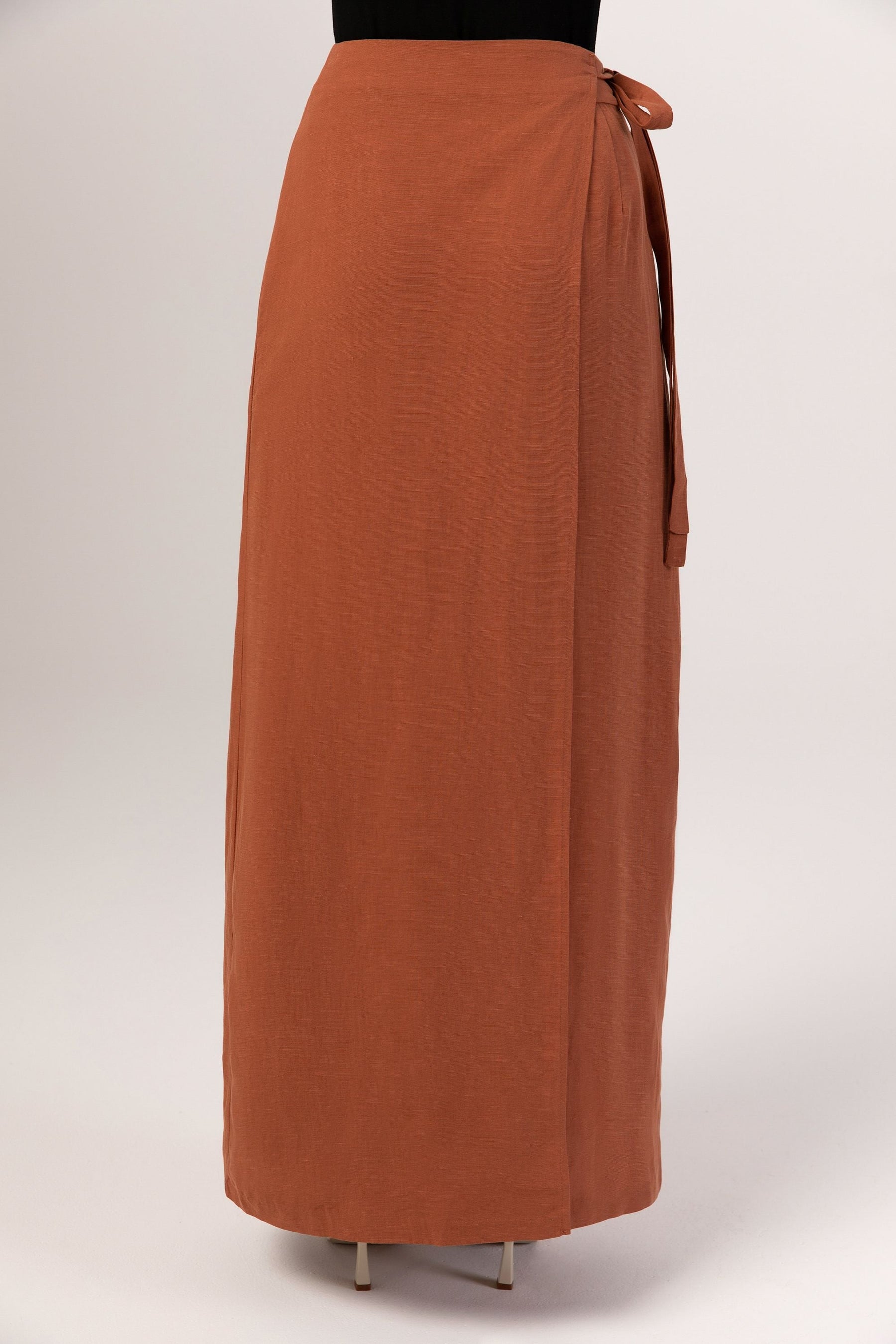Linen Wrap Front Maxi Skirt - Baked Clay Veiled Collection 
