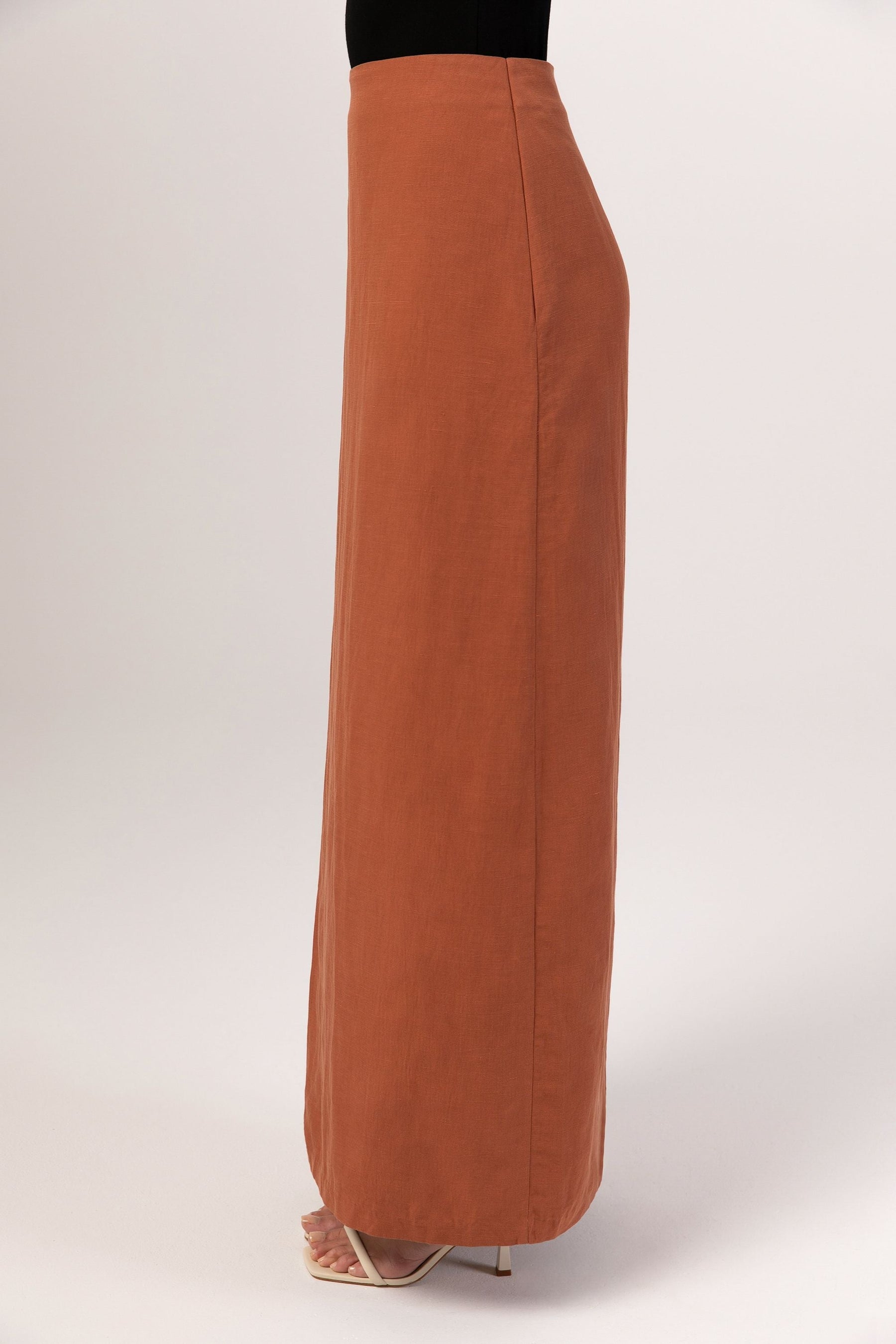 Linen Wrap Front Maxi Skirt - Baked Clay Veiled Collection 