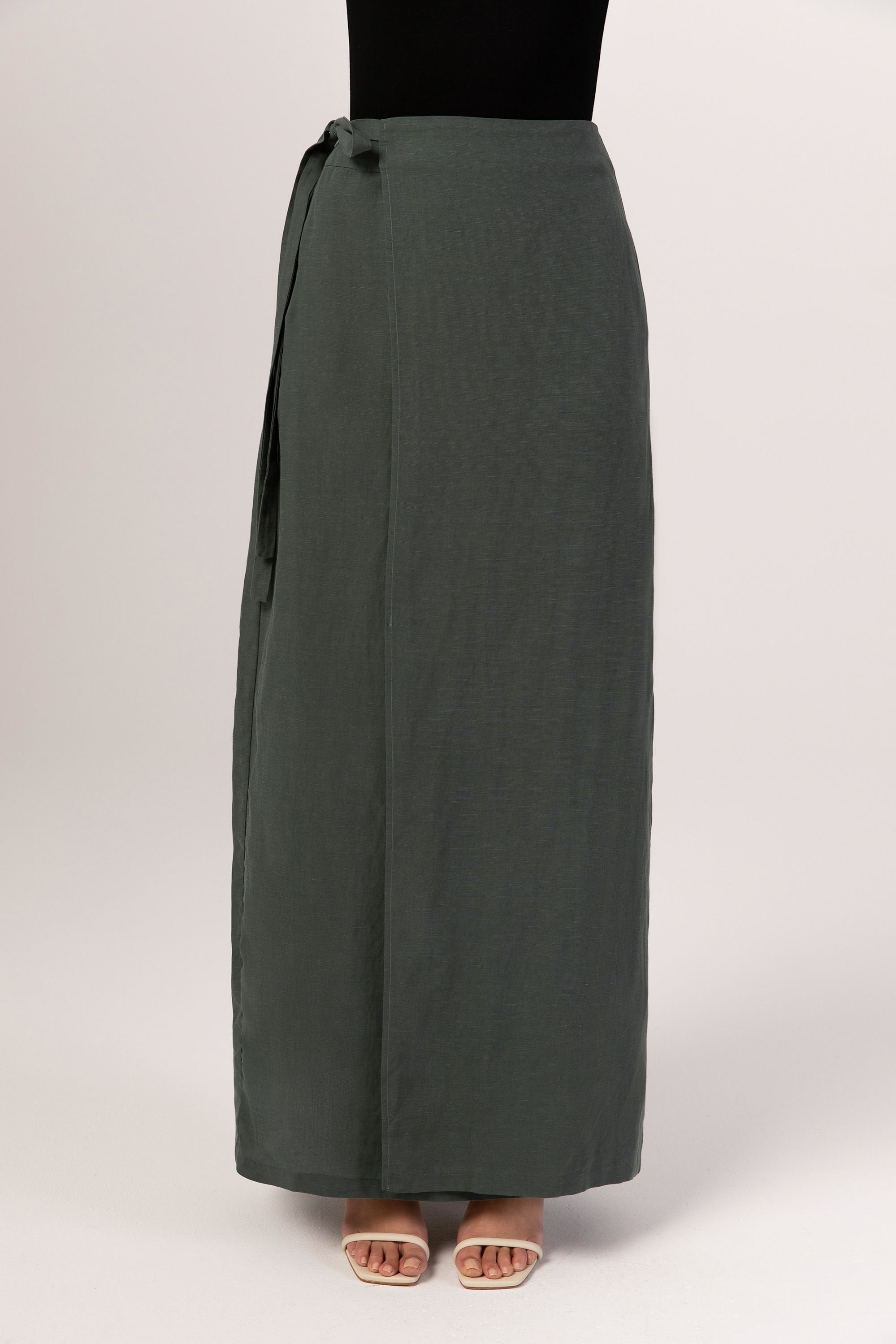 Linen Wrap Front Maxi Skirt - Teal (Dark Sage) Veiled Collection 