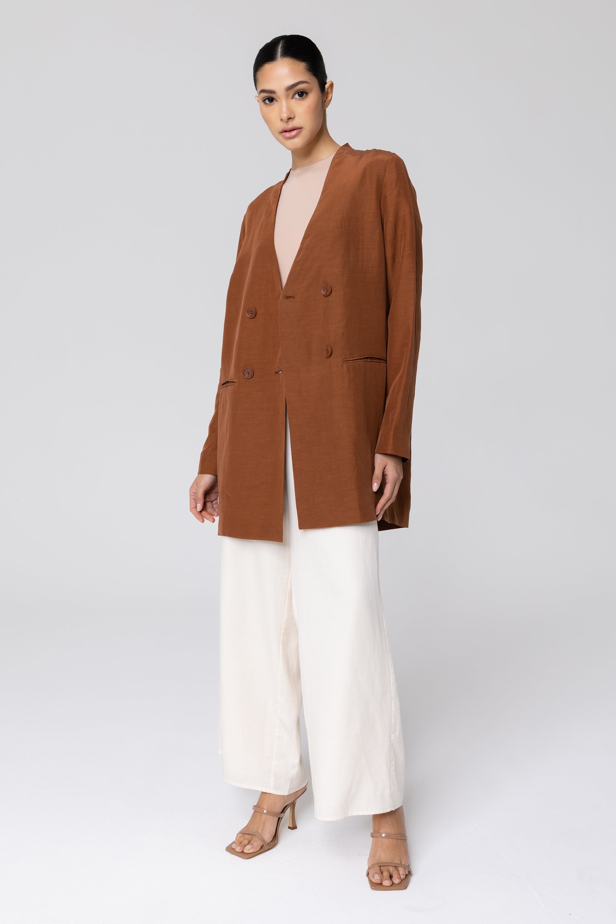 Longline Cupro Linen Oversized Blazer - Baked Clay Veiled Collection 