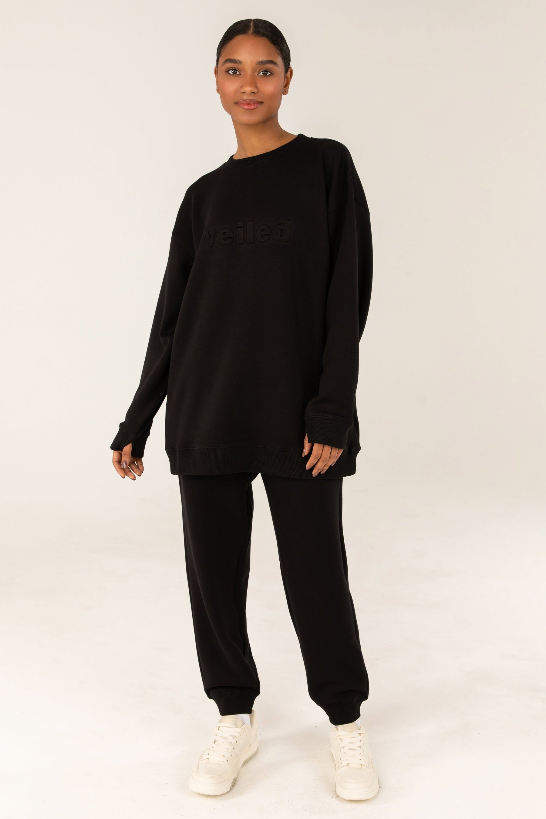 Longline Embossed Crewneck Sweatshirt - Black Veiled Collection 