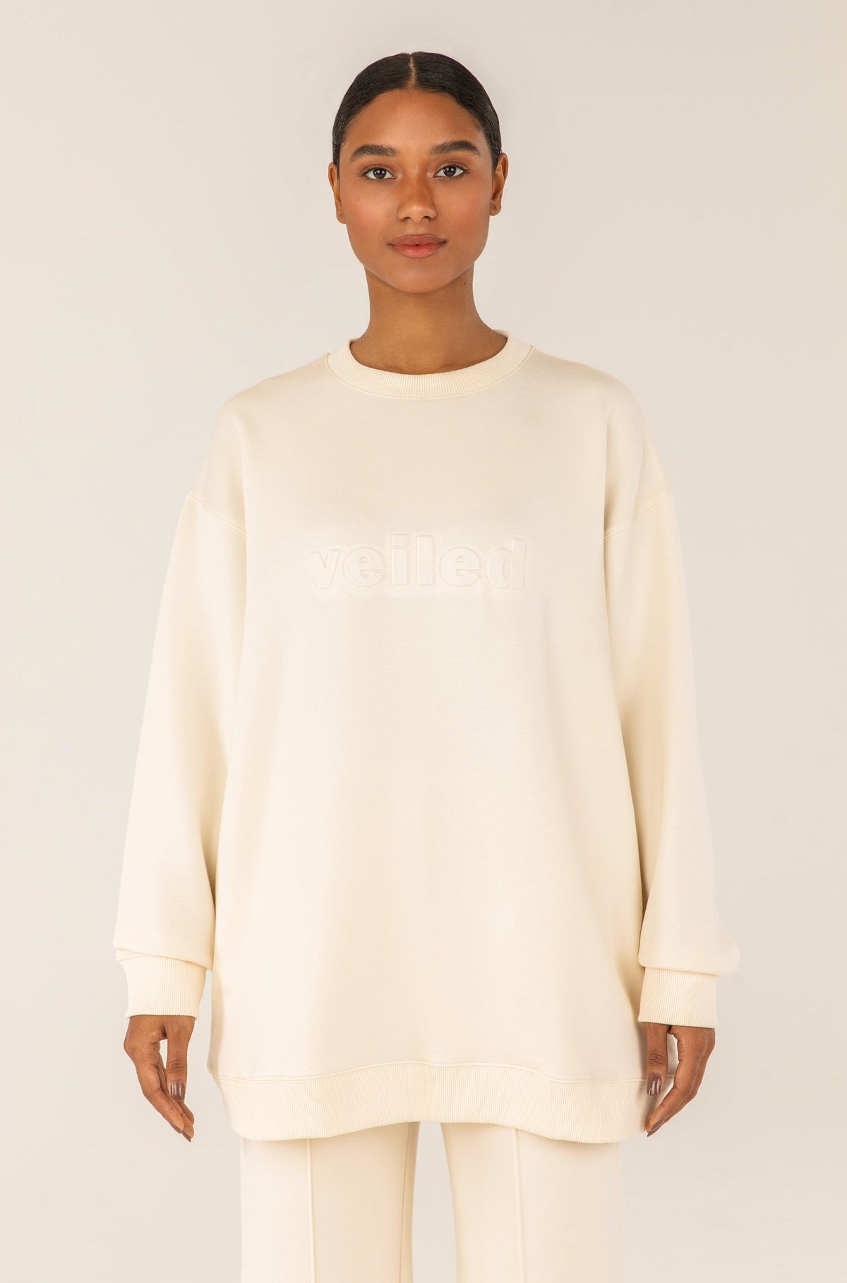 Longline Embossed Crewneck Sweatshirt - Off White Veiled 