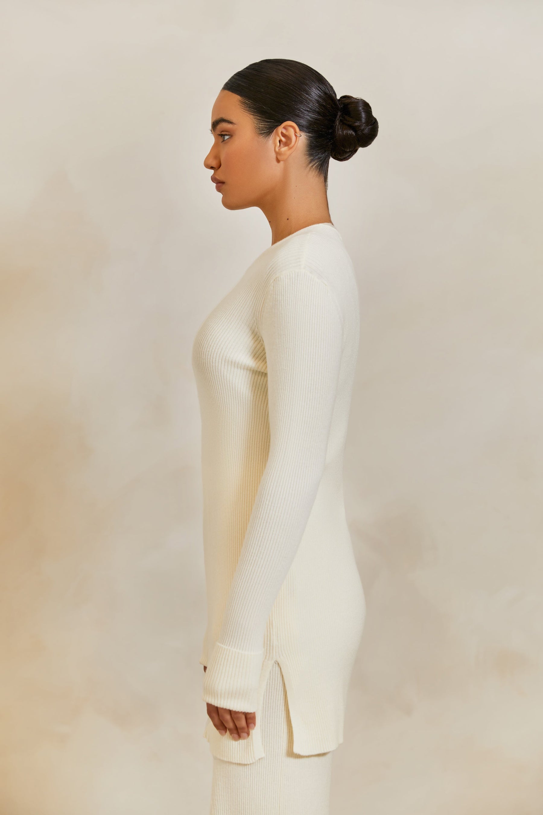 Longline Knit Side Slit Top - Oat Milk