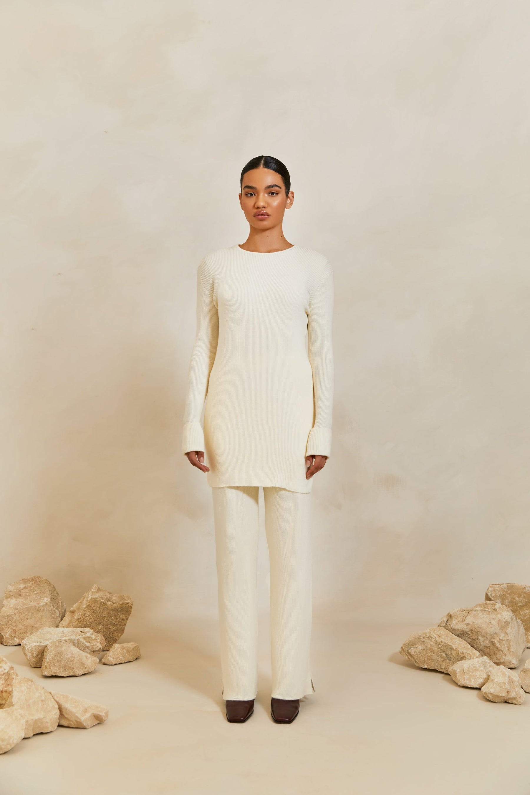 Longline Knit Side Slit Top - Oat Milk