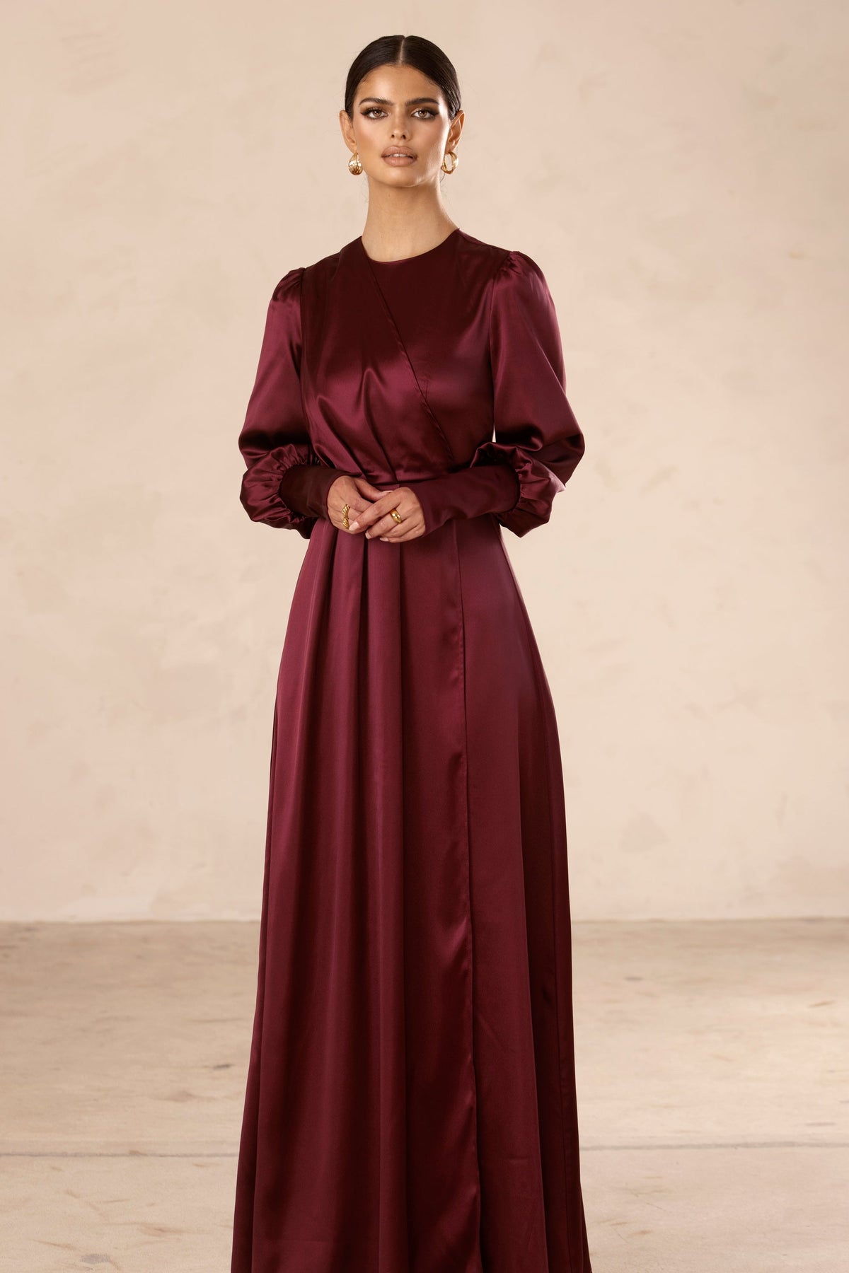 Madison Pleated Overlay Satin Maxi Dress - Burgundy Veiled Collection 
