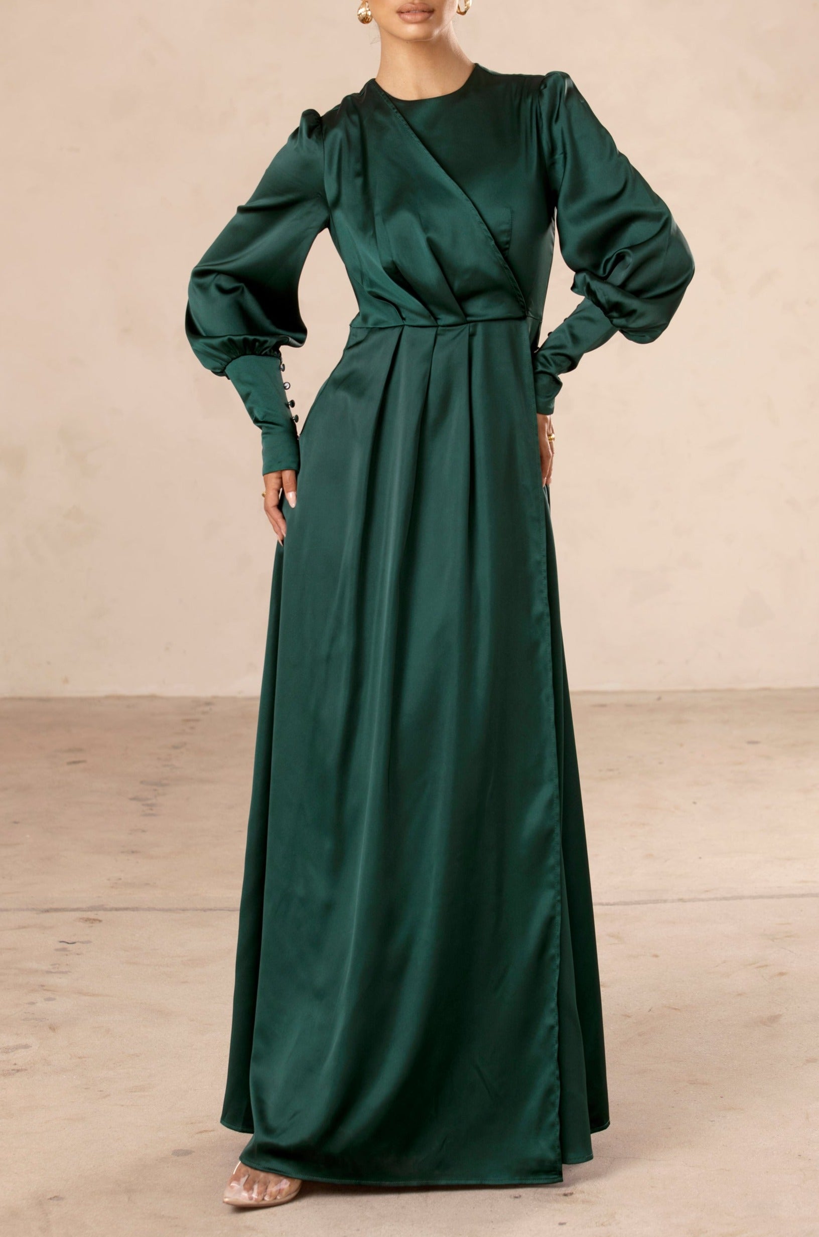 Madison Pleated Overlay Satin Maxi Dress - Emerald Green Veiled Collection 