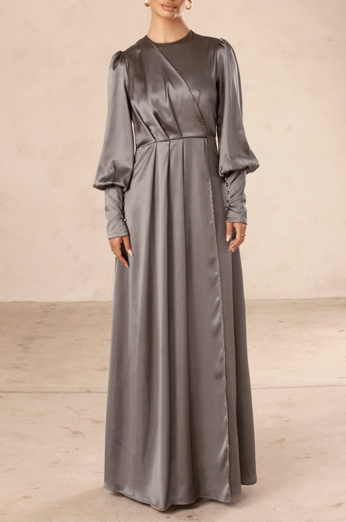 Madison Pleated Overlay Satin Maxi Dress - Smoke Grey Veiled Collection 