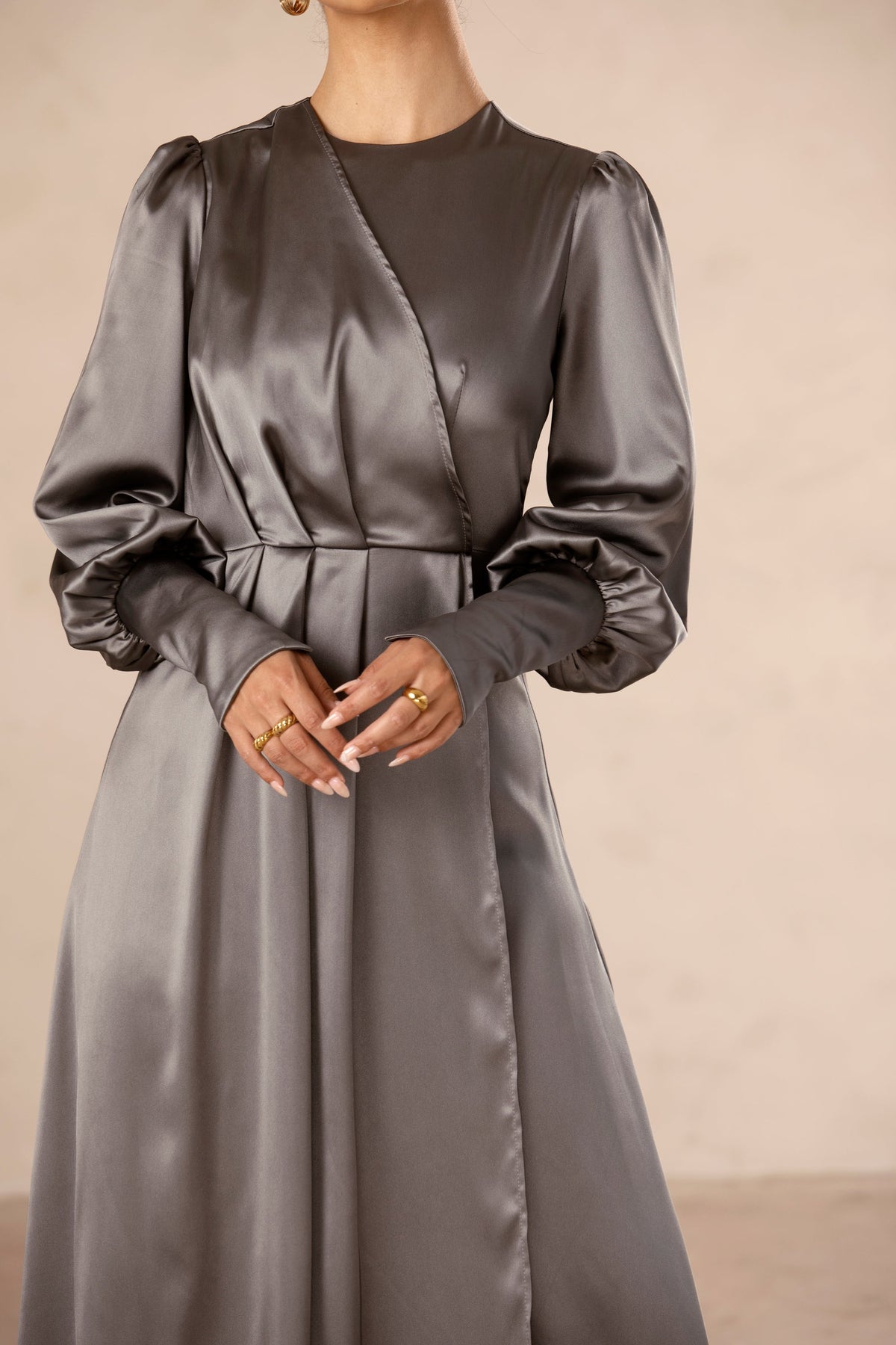 Madison Pleated Overlay Satin Maxi Dress - Smoke Grey Veiled Collection 