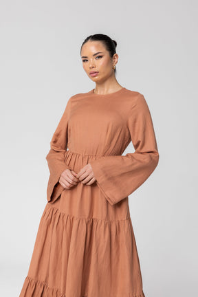 Manar Linen Kimono Sleeve Maxi Dress - Baked Clay Veiled 