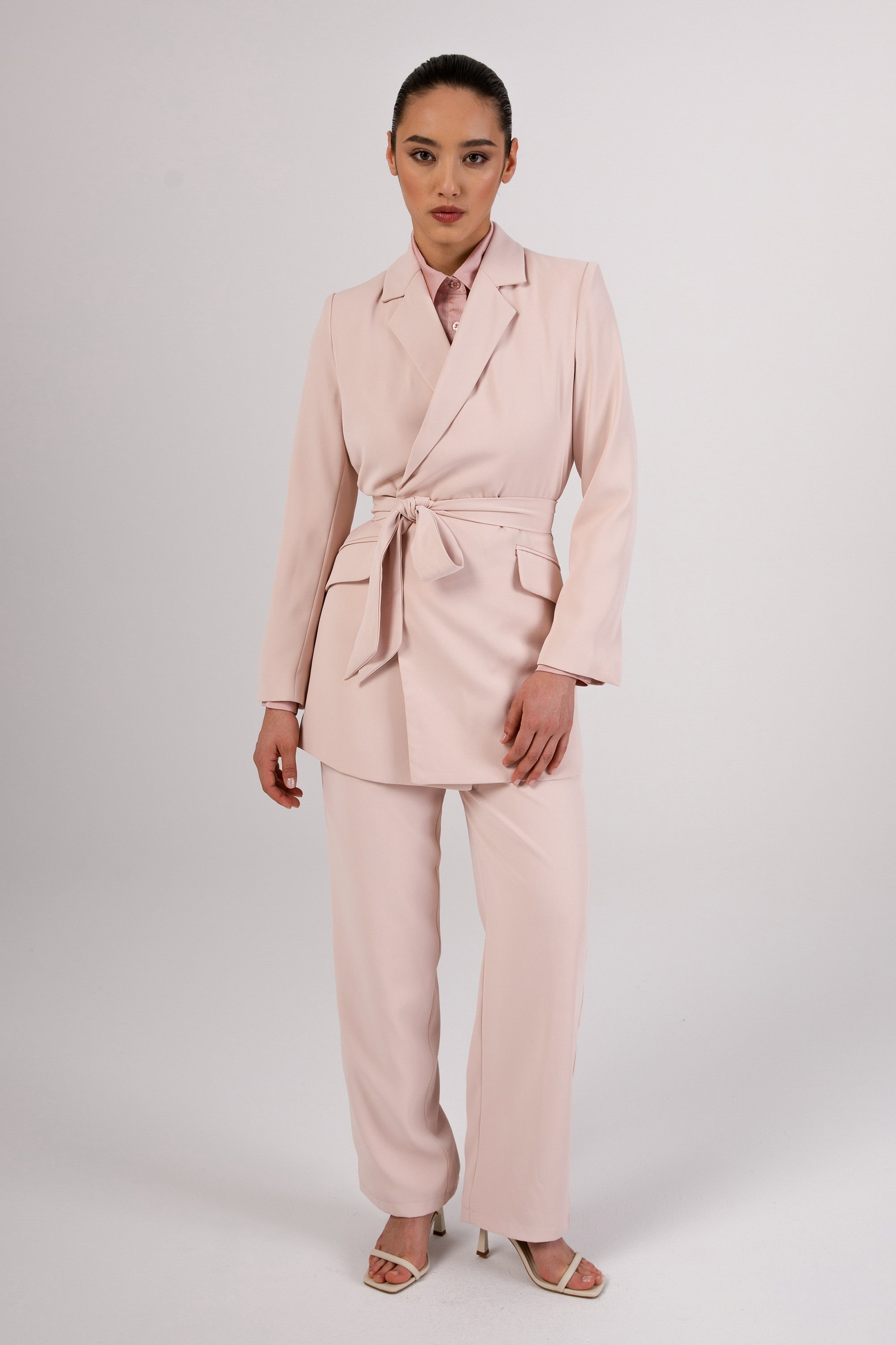 Maria Tie Waist Blazer - Pink Ivory Veiled Collection 