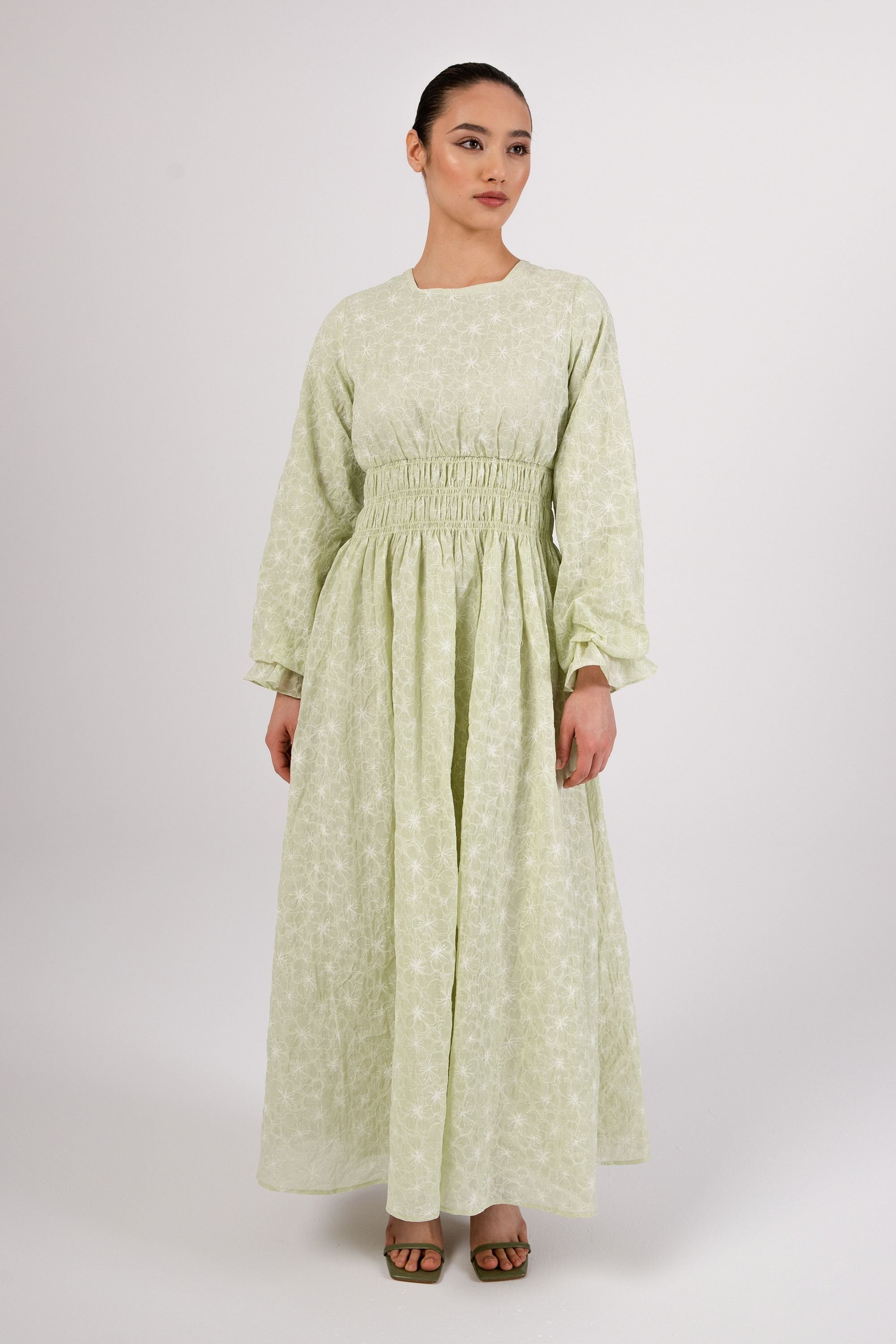 Marwa Green Floral Rouched Maxi Dress Veiled Collection 