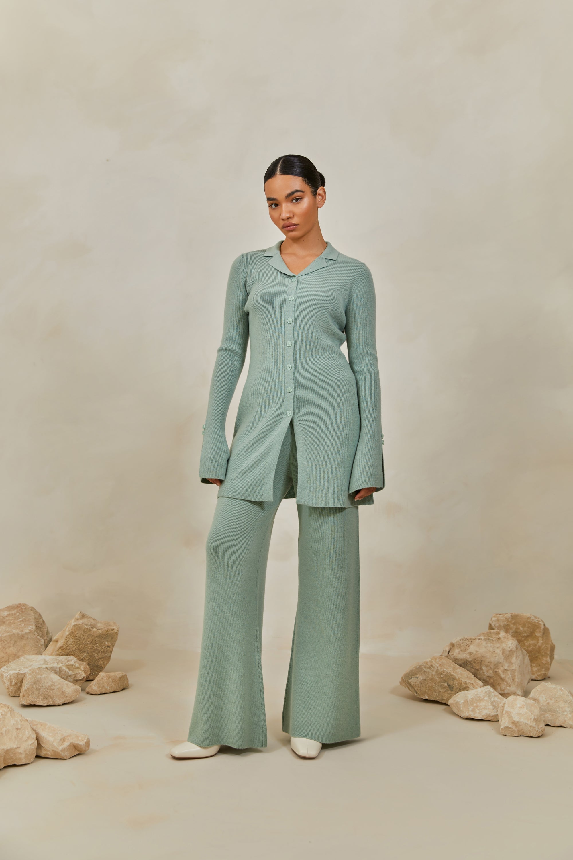Merino Wool Button Down Knit Top - Desert Sage Veiled 