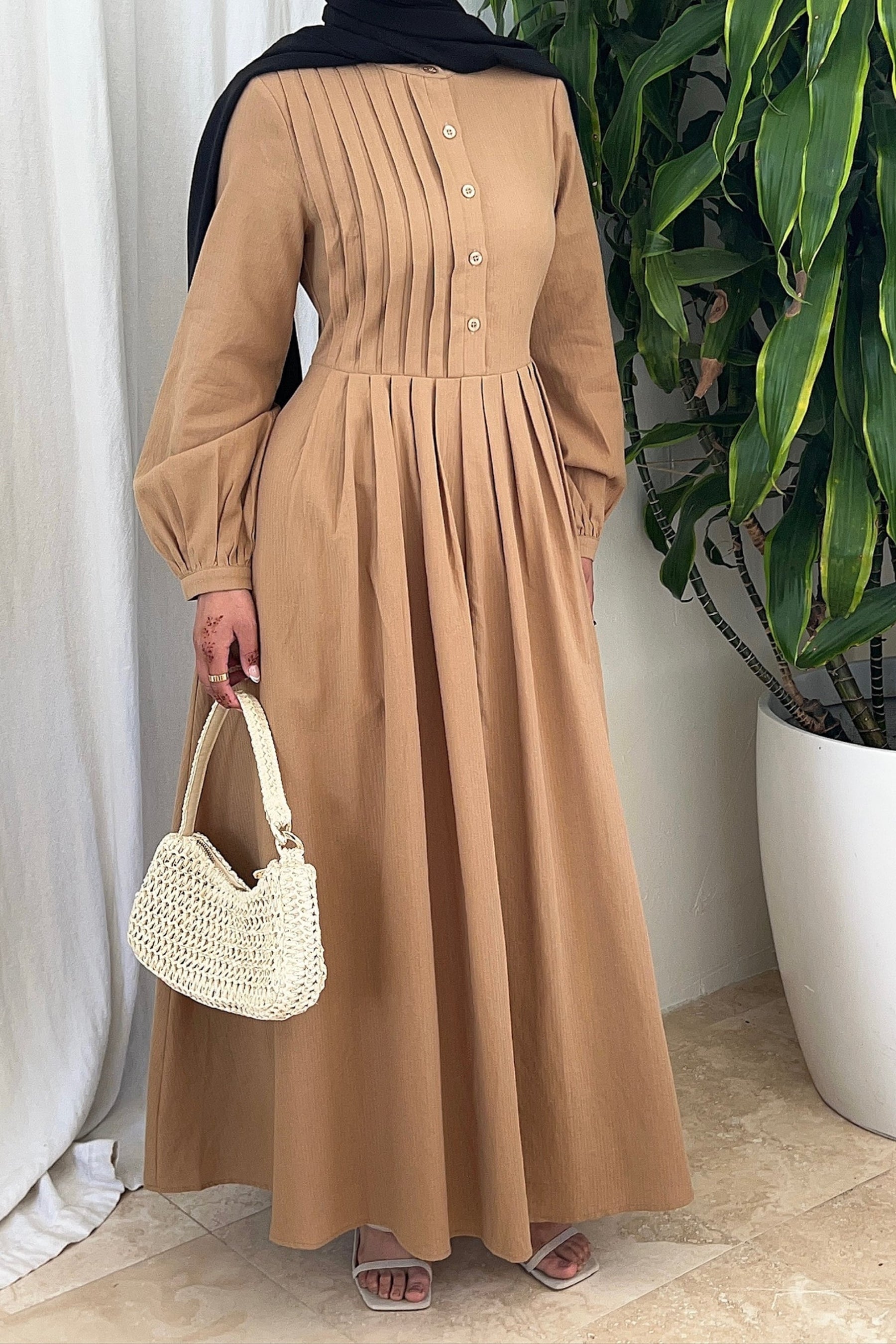 Mona Asymmetric Pleat Front Maxi Dress - Brown Curry Clothing Veiled Collection 