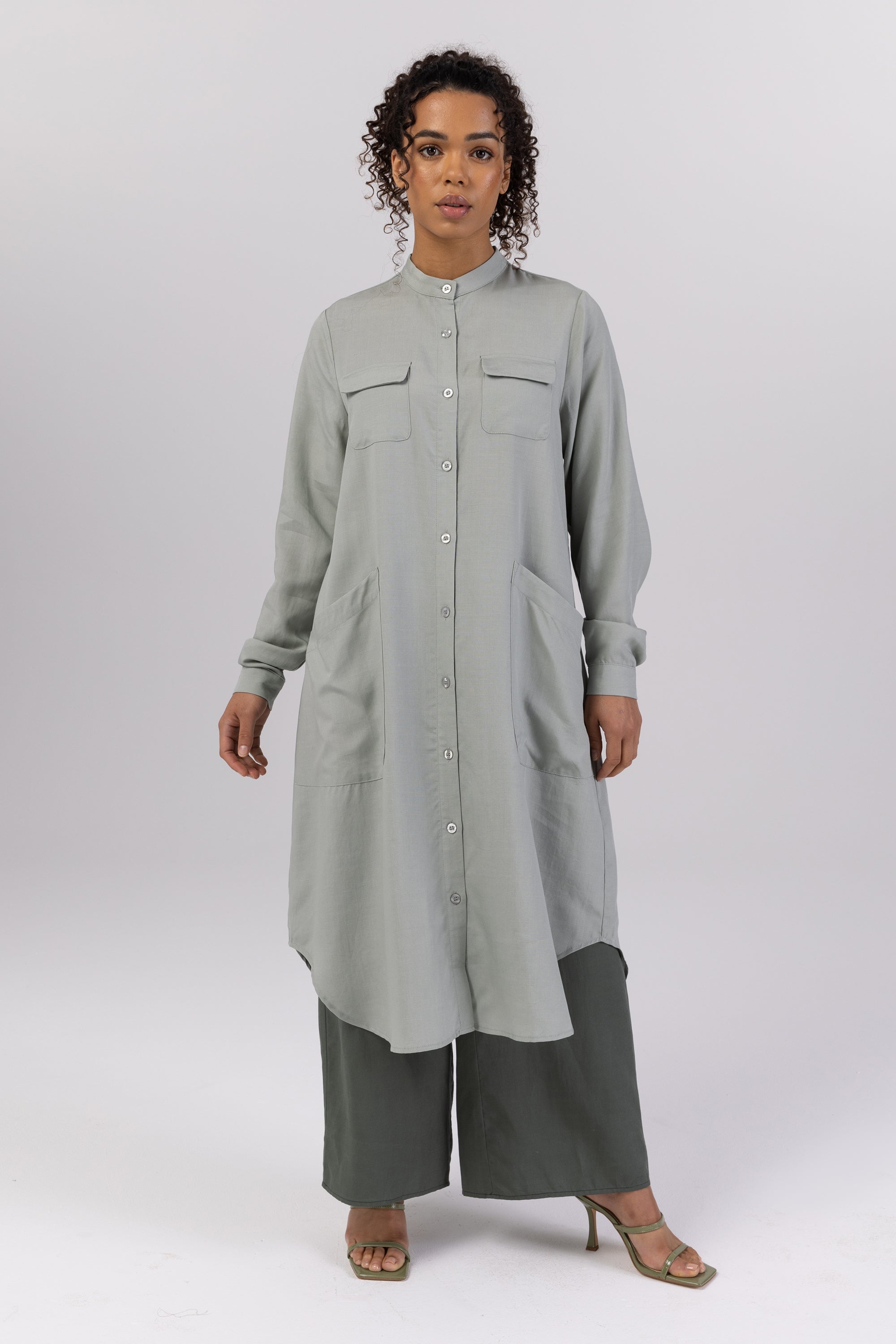 Nadine Cotton Linen Button Down Utility Tunic - Light Sage (Stillwater) Veiled Collection 