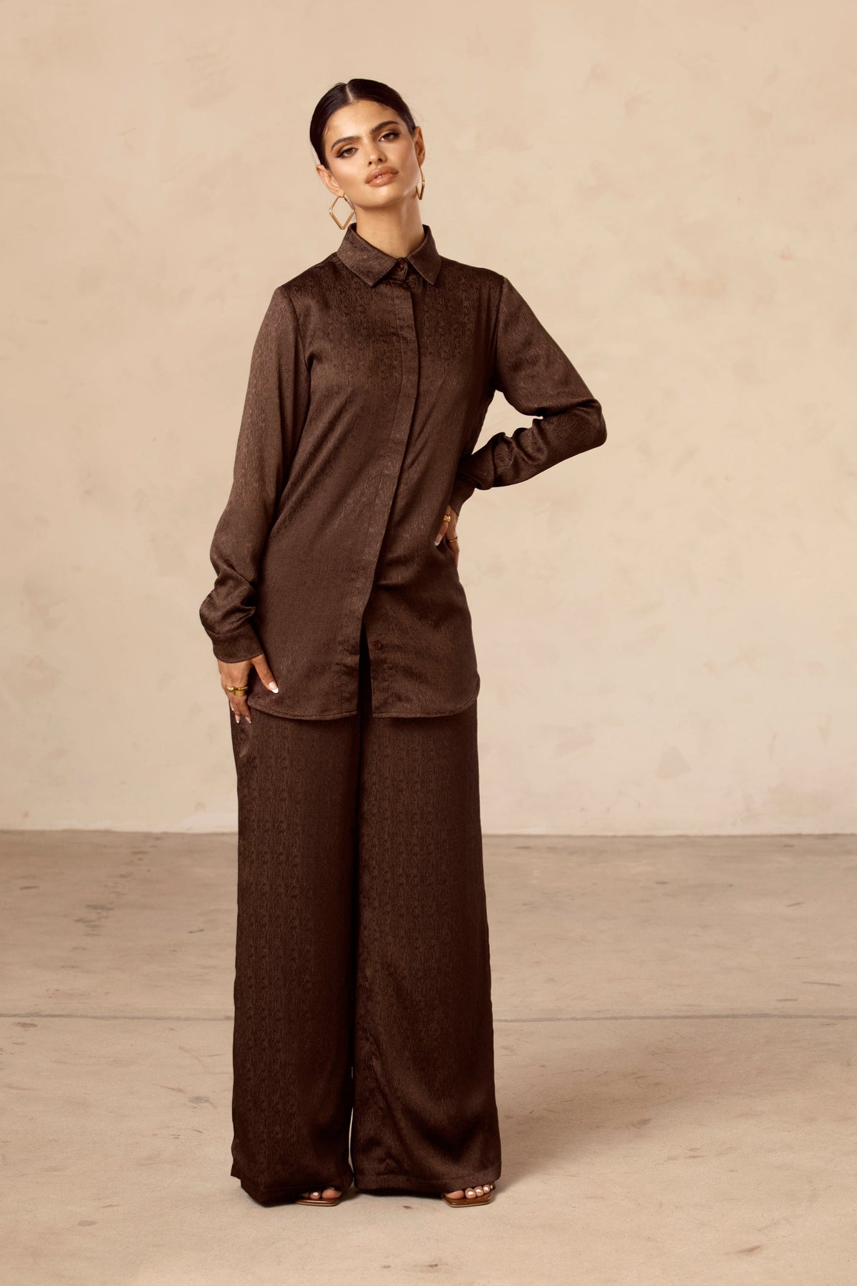 Nara Textured Wide Leg Pants - Espresso Brown Veiled Collection 