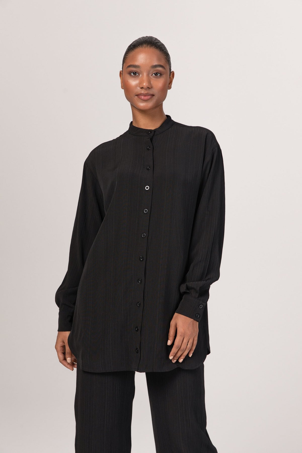 Nashwa Textured Rayon Button Down Tunic - Black Veiled 