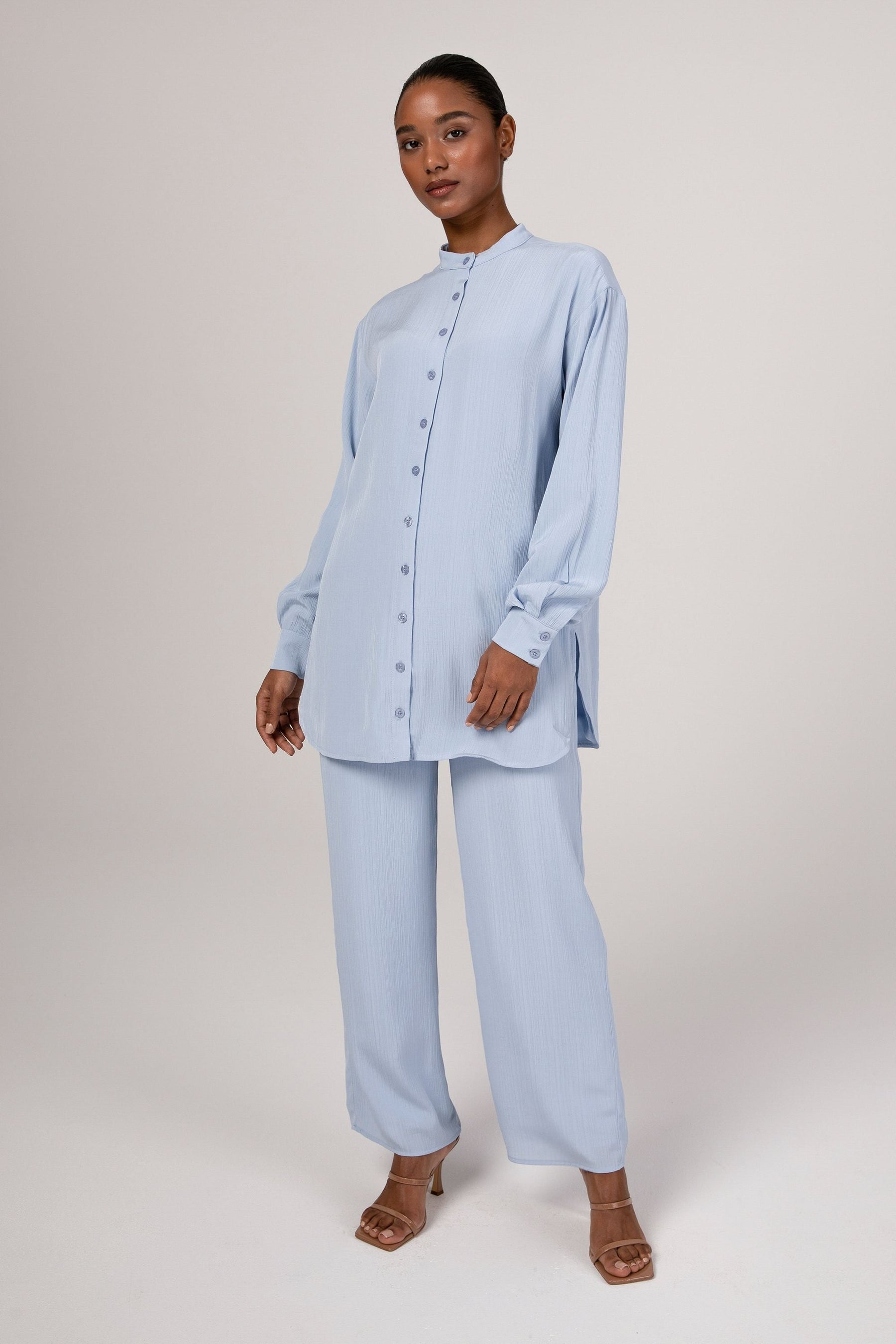 Nashwa Textured Rayon Button Down Tunic - Powder Blue Veiled 