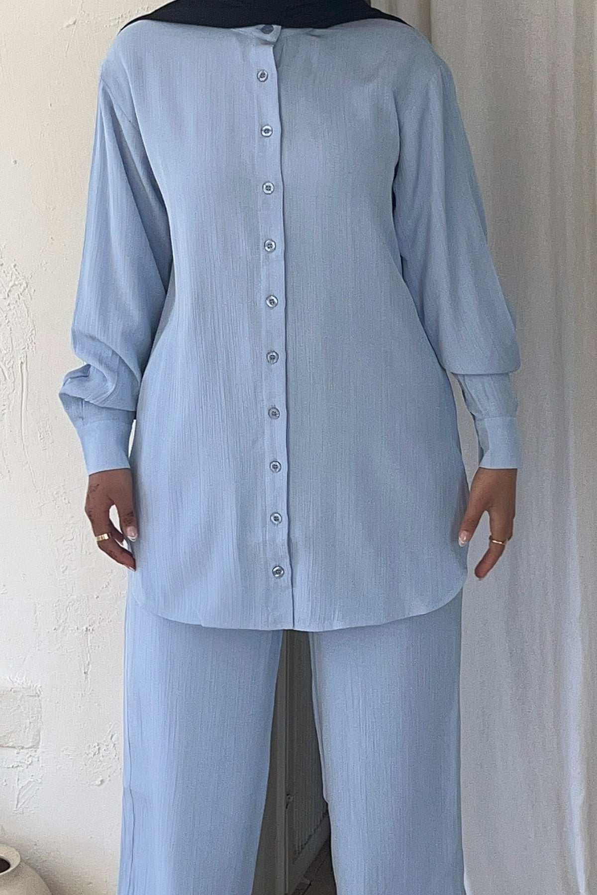 Nashwa Textured Rayon Button Down Tunic - Powder Blue Clothing saigonodysseyhotel 